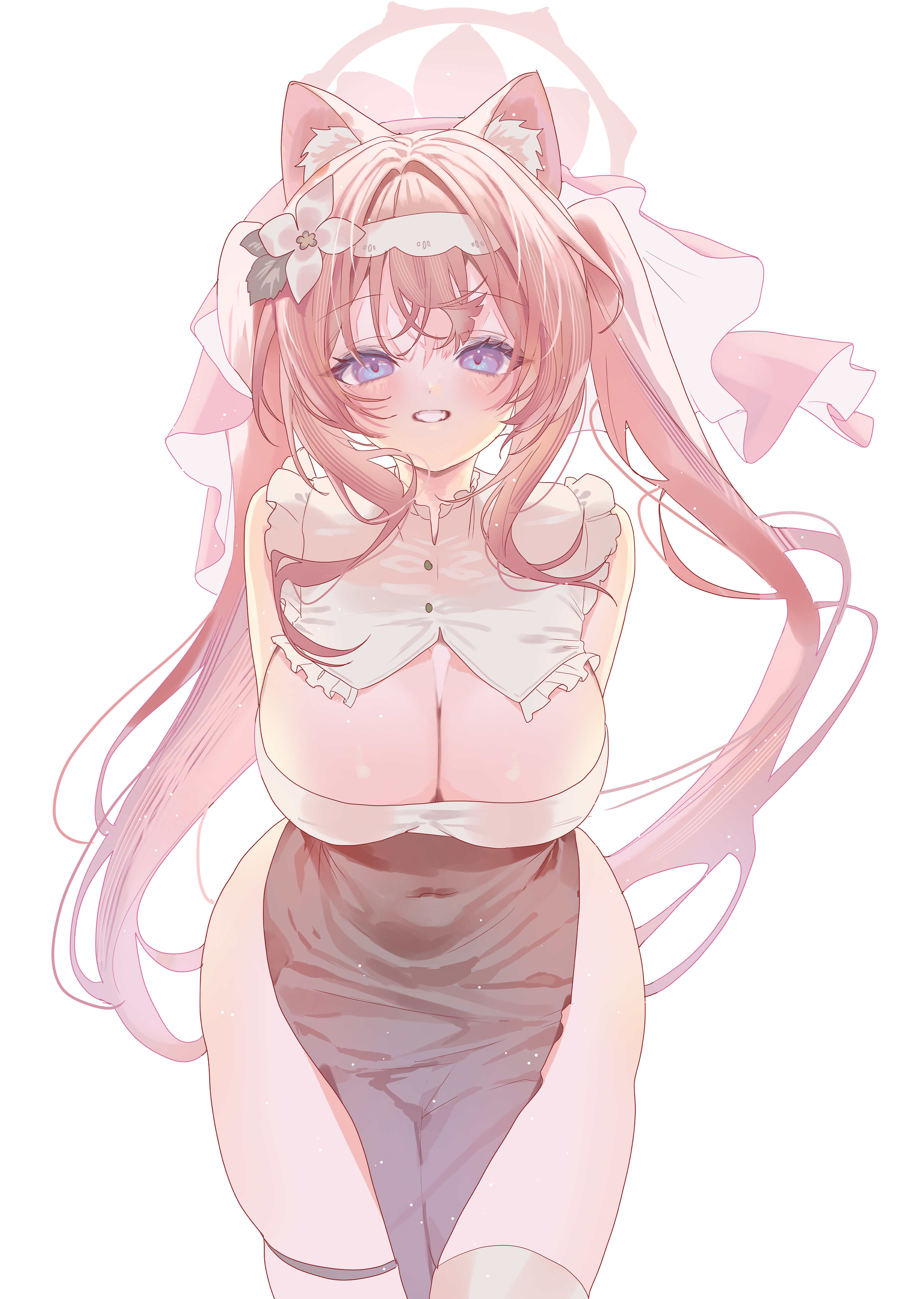 torano, mari (blue archive), blue archive, absurdres, highres, 1girl, alternate costume, alternate hairstyle, animal ear fluff, animal ears, arms behind back, black veil, blue eyes, cat ears, covered navel, detached collar, flower, hairband, halo, long hair, looking at viewer, orange hair, pelvic curtain, sitting, smile, solo, thigh strap, twintails, veil, wariza, white background, white flower, white hairband, yellow halo
