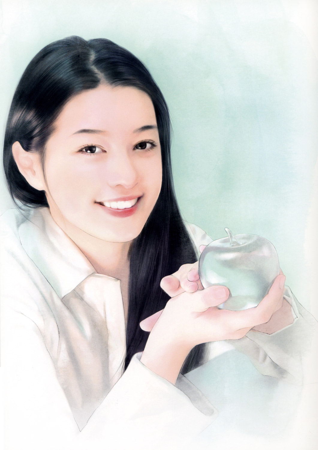 chen shu fen, highres, 1girl, apple, black eyes, black hair, female focus, food, fruit, holding, holding food, holding fruit, long hair, realistic, shirt, smile, solo