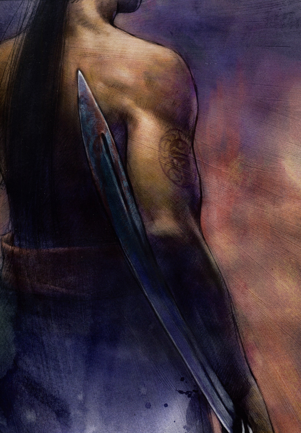 chen shu fen, highres, 1boy, black hair, blood, gradient background, long hair, male focus, solo, sword, tattoo, weapon