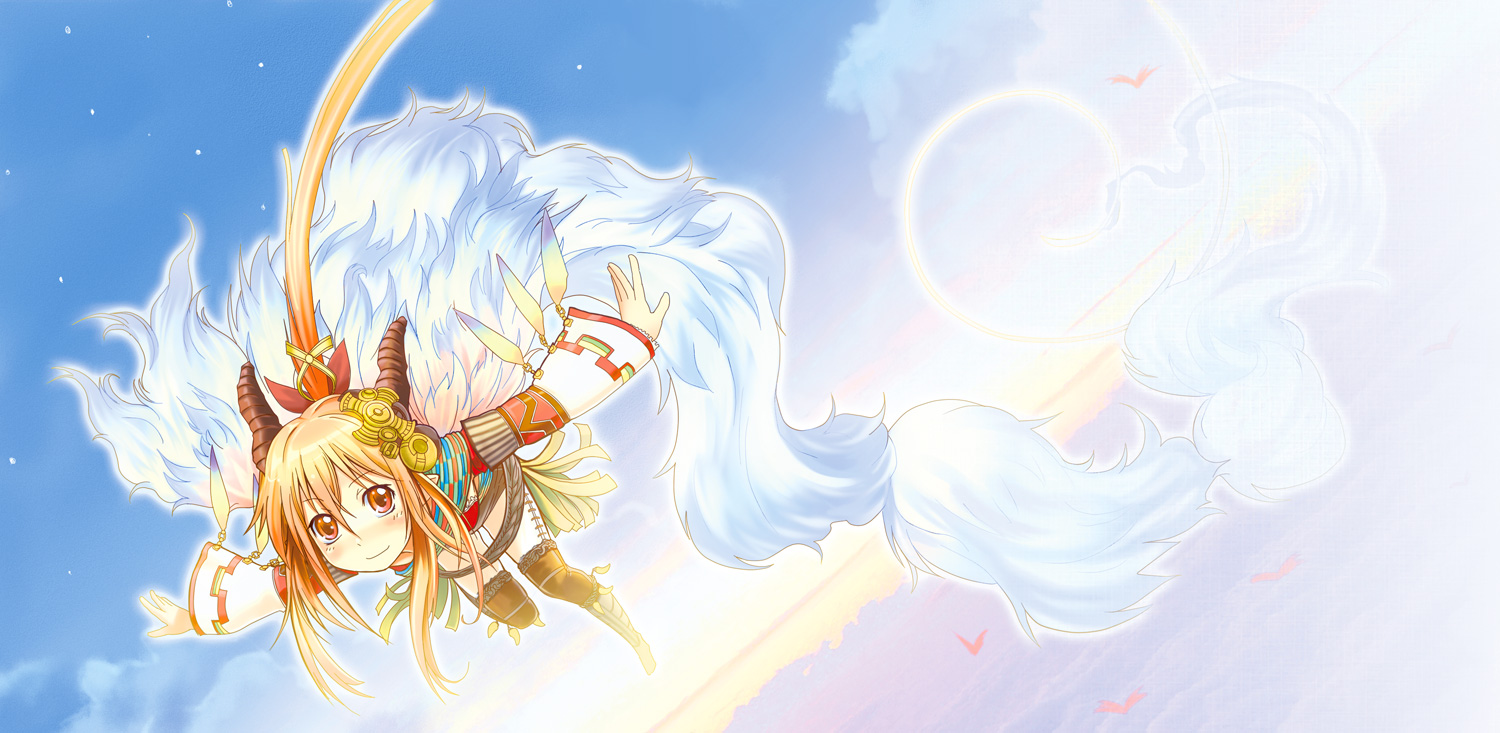 amagai tarou, 1girl, blonde hair, female focus, flying, horns, ponytail, red eyes, sky, solo