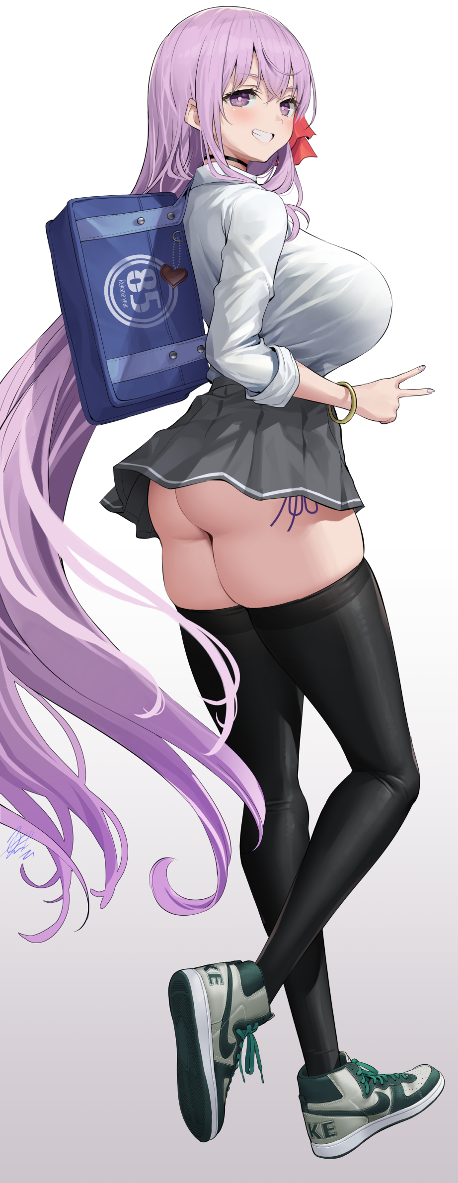 uo denim, bb (fate), fate/extra, fate/grand order, fate (series), nike (company), highres, 1girl, :, ass, black choker, black thighhighs, blue bag, blush, bracelet, breasts, choker, collared shirt, curvy, from behind, full body, grey skirt, grin, hair ribbon, huge breasts, jewelry, long hair, long sleeves, looking at viewer, looking back, microskirt, miniskirt, panties, pleated skirt, ponytail, purple eyes, purple hair, red ribbon, ribbon, shirt, shirt tucked in, shoes, side-tie panties, signature, simple background, skirt, smile, sneakers, solo, standing, teeth, thick thighs, thighhighs, thighs, thong, underwear, v, very long hair, white background, white shirt, wide hips