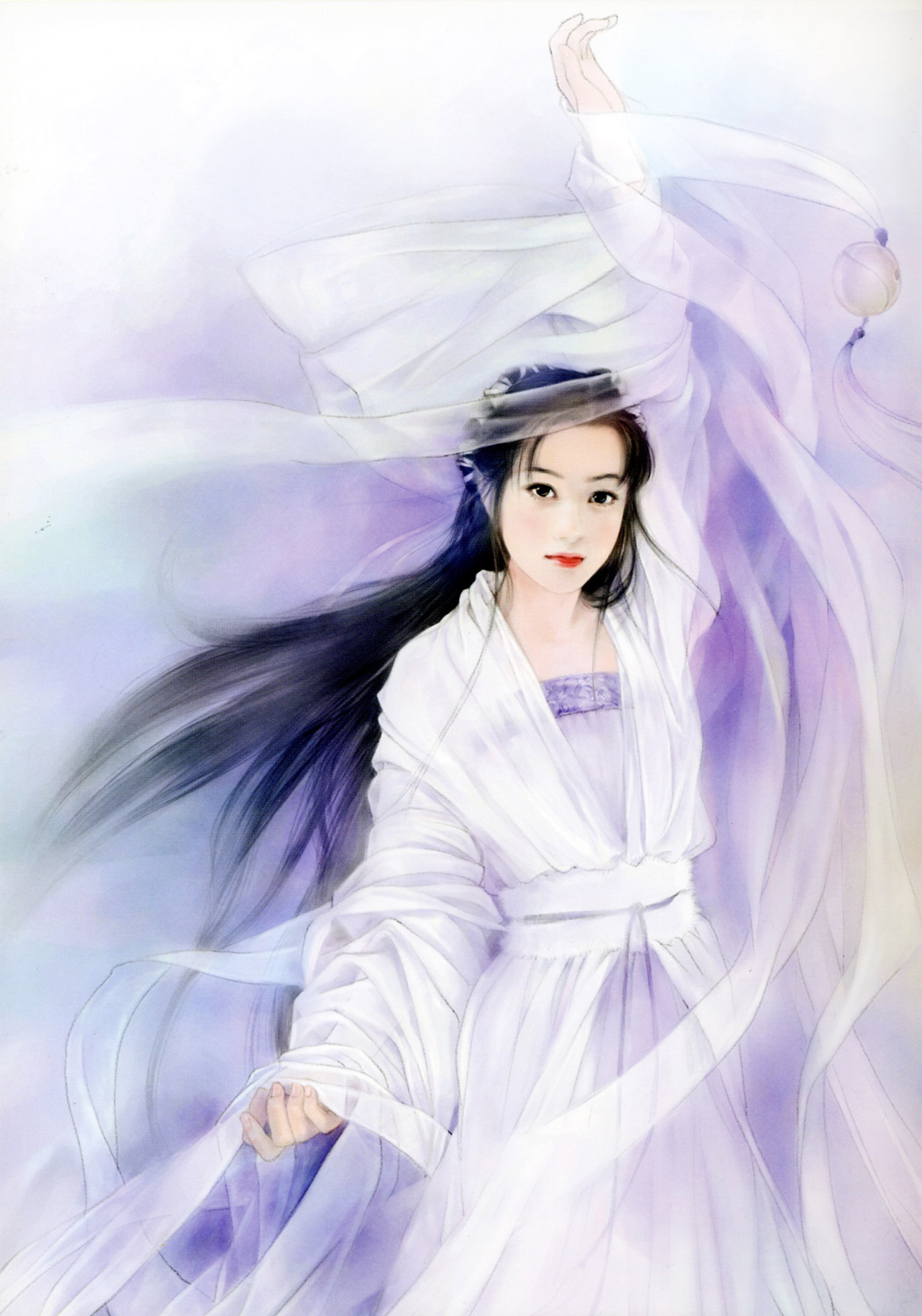 chen shu fen, highres, black eyes, black hair, chinese clothes, dress, hanfu, long hair, realistic, ribbon, solo, wind