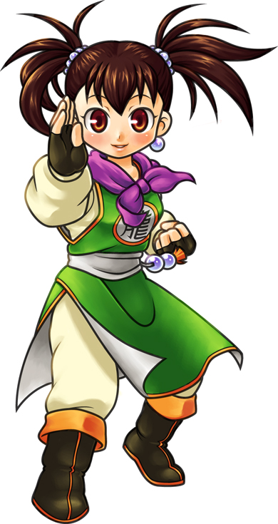 demerin, martial artist (dq3), chunsoft, dragon quest, dragon quest iii, enix, bad id, bad pixiv id, blush, brown eyes, brown hair, earrings, fingerless gloves, gloves, jewelry, scarf, short hair, solo, twintails