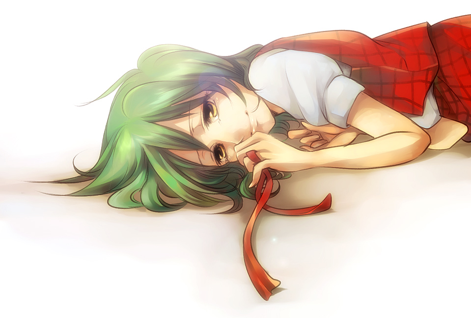 ang, kazami yuuka, touhou, 1girl, female focus, green hair, looking at viewer, lying, on stomach, plaid clothes, plaid skirt, plaid vest, ribbon, short hair, skirt, skirt set, smile, solo, upper body, vest, white background, yellow eyes