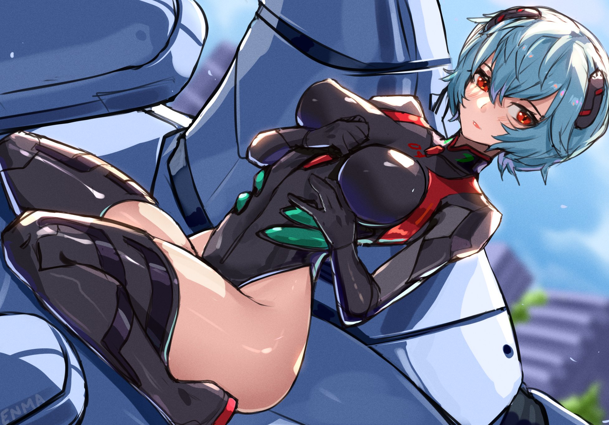 enma (enmanuelart), ayanami rei, neon genesis evangelion, commentary, english commentary, highres, variant set, 1girl, artist name, bare hips, black bodysuit, black boots, blue hair, blue sky, blurry, blurry background, blush, bodysuit, boots, breasts, breasts apart, cityscape, closed mouth, dutch angle, evangelion (mecha), foot out of frame, hair between eyes, interface headset (evangelion), large breasts, light particles, lips, looking at viewer, mecha pilot suit, outdoors, plugsuit (evangelion), red eyes, short hair, sitting, skindentation, sky, solo, thigh boots, thighs, wariza, watermark