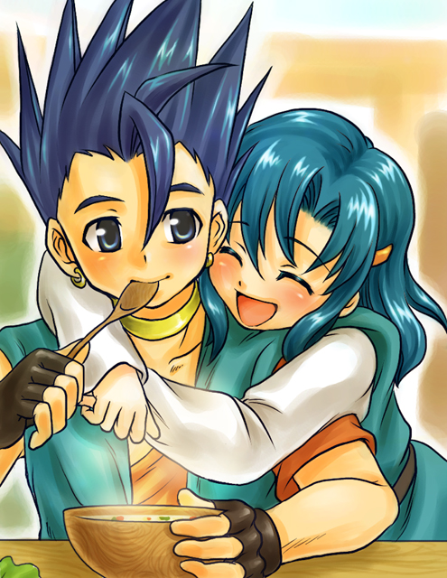 demerin, hero (dq6), tania (dq6), dragon quest, dragon quest vi, 1boy, 1girl, blue hair, blush, bowl, brother and sister, eating, fingerless gloves, food, gloves, hetero, holding, holding spoon, hug, siblings, soup, spoon