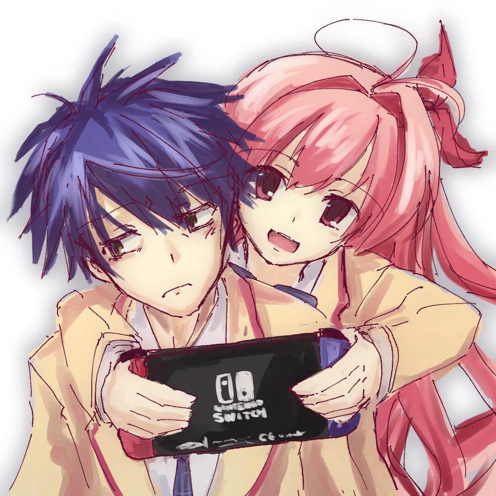 nishijou takumi, sakihata rimi, chaos;head, science adventure, 1boy, 1girl, ahoge, blush, cheren r, hetero, hug, long hair, nintendo switch, open mouth, pink eyes, pink hair, school uniform, short hair, smile, suimei academy school uniform