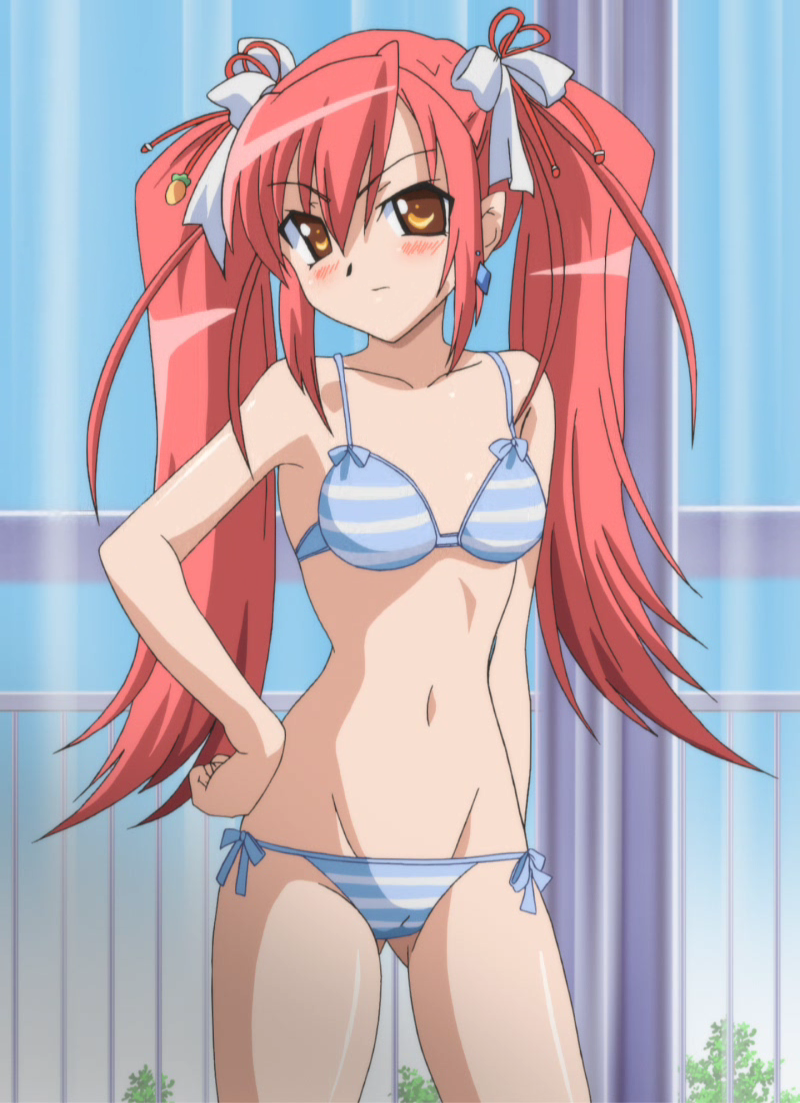 kinoshita reona, pia carrot (series), pia carrot e youkoso!!, piajong, anime screenshot, 1990s (style), 1girl, bikini, blush, bra, cameltoe, earrings, female focus, hair ribbon, jewelry, lingerie, lowleg, lowleg panties, navel, panties, red hair, retro artstyle, ribbon, side-tie bikini bottom, side-tie panties, solo, striped bra, striped clothes, striped panties, swimsuit, twintails, underwear, underwear only, yellow eyes