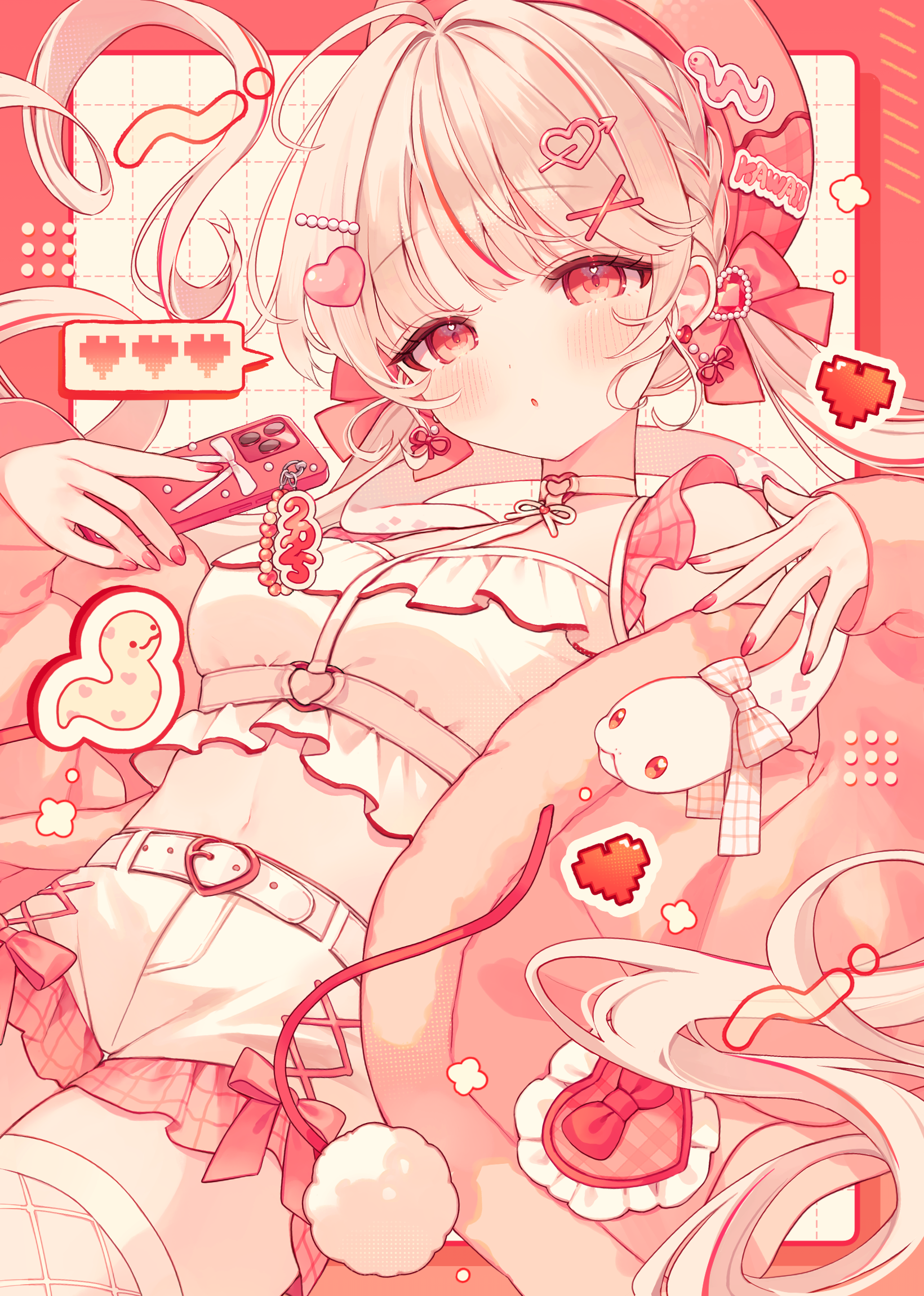 komomo (2899), original, commentary request, highres, 1girl, belt, blush, bow, breasts, cellphone, crop top, earrings, fashion, hair bow, hair ornament, hairclip, hat, heart, heart earrings, heart hair ornament, holding, holding phone, jacket, jewelry, long hair, long sleeves, looking at viewer, low twintails, midriff, multicolored hair, navel, phone, pink nails, pink theme, red eyes, shirt, short shorts, shorts, smartphone, solo, thighhighs, twintails, very long hair, white shorts