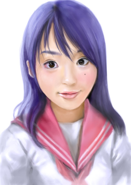 hirano aya, izumi konata, lucky star, real life, 1girl, :3, blue hair, female focus, mole, mole under eye, parody, purple hair, real life insert, realistic, school uniform, serafuku, solo