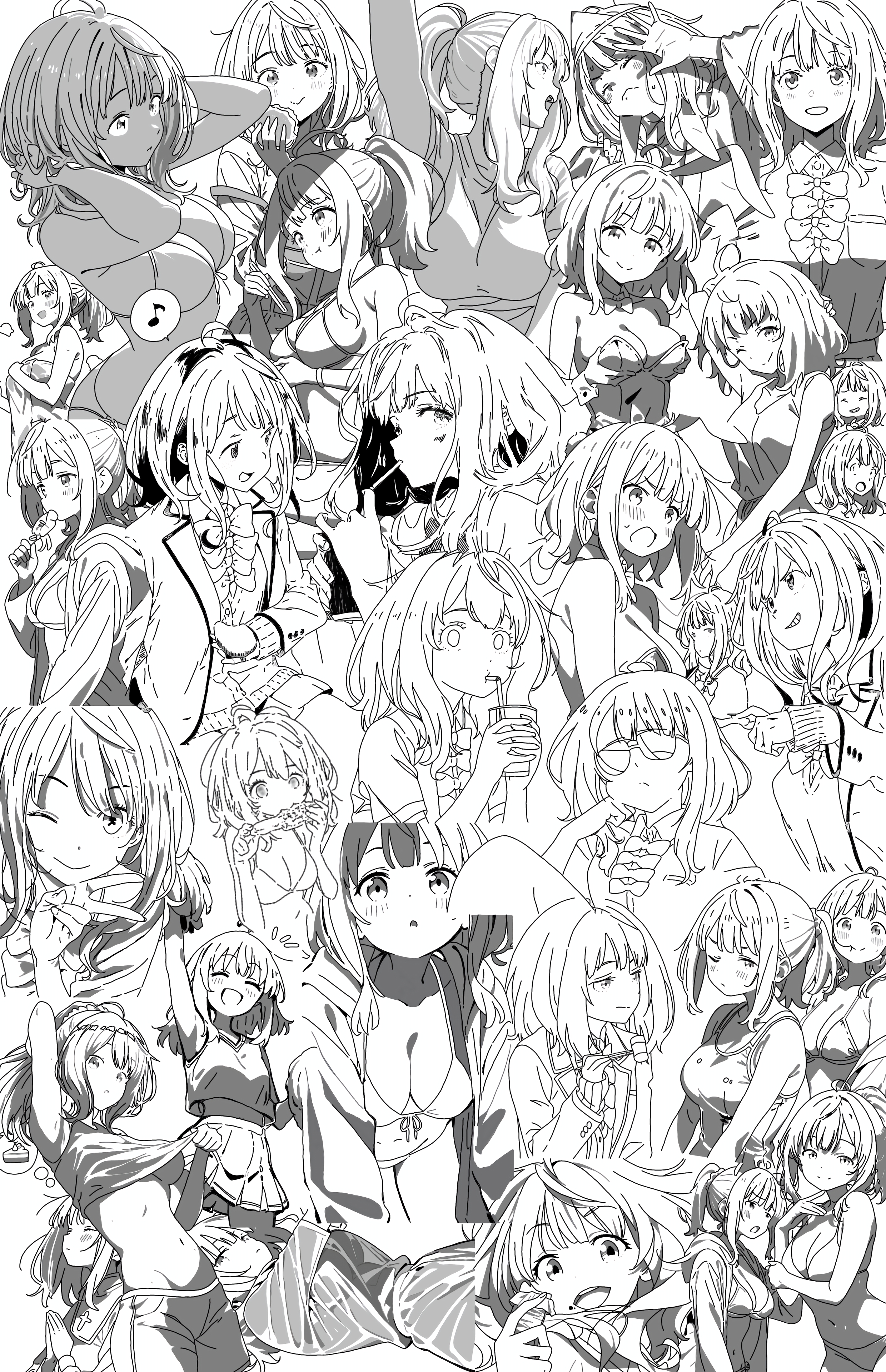 yanami anna, make heroine ga oo sugiru!, absurdres, highres, bikini, breasts, cheerleader, collage, cup, drinking, eating, holding, holding cup, large breasts, lifting own clothes, limited palette, multiple girls, one eye closed, open mouth, smile, surprised, swimsuit, v, wistfulwaffles