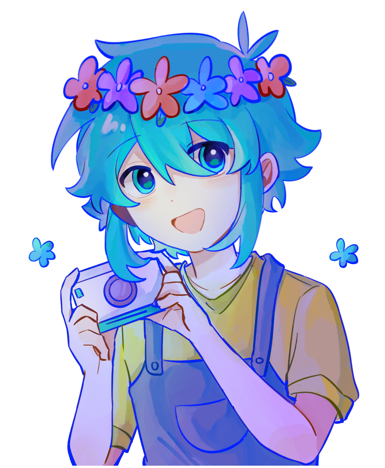 gongs0313, basil (headspace) (omori), basil (omori), omori, highres, 1boy, :d, antenna hair, blue eyes, blue flower, blue hair, blue overalls, blush, camera, collarbone, double-parted bangs, flower, flower wreath, green eyes, green hair, hair between eyes, hands up, head wreath, holding, holding camera, looking at viewer, male focus, open mouth, overalls, shirt, short hair, short sleeves, simple background, smile, solo, tongue, upper body, white background, yellow shirt