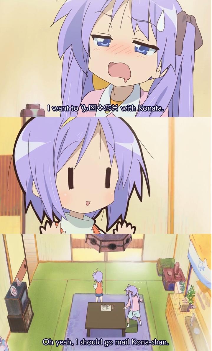 hiiragi kagami, hiiragi tsukasa, lucky star, screencap, 00s, 0 0, blue eyes, hair ribbon, long hair, purple hair, ribbon, sweatdrop