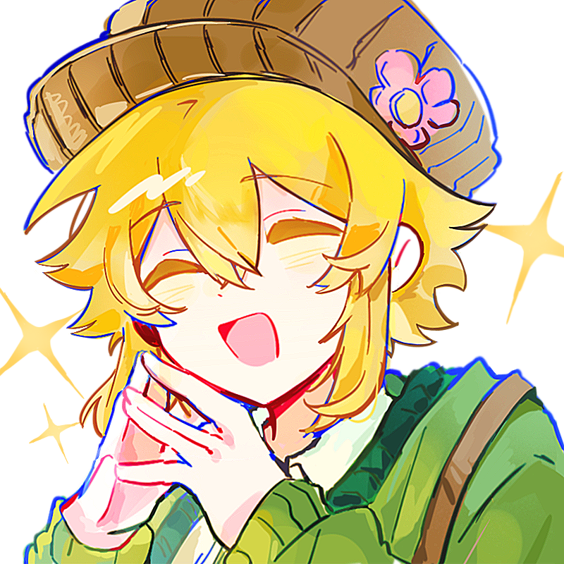 gongs0313, basil (birthday) (omori), basil (faraway) (omori), basil (omori), omori, commentary, symbol-only commentary, 1boy, :d, ||/, ^ ^, blonde hair, blush, brown hat, cardigan, chromatic aberration, close-up, closed eyes, collared shirt, double-parted bangs, from below, green cardigan, hair between eyes, hands up, hat, long sleeves, male focus, newsboy cap, official alternate costume, open mouth, shirt, short hair, sidelocks, simple background, smile, solo, sparkle, steepled fingers, tongue, upper body, white background, white shirt