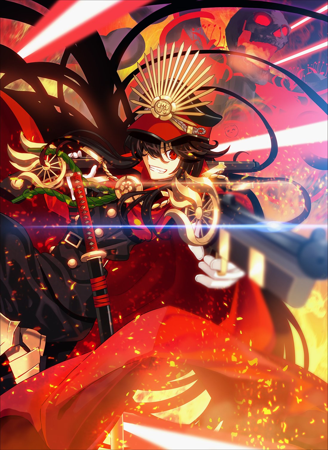 aora, oda nobunaga (fate), oda nobunaga (koha-ace), fate (series), koha-ace, bad id, bad twitter id, highres, revision, >:), 1girl, armor, armored boots, artist name, belt, black hair, boots, cape, crest, family crest, floating hair, foreshortening, from side, glint, grin, gun, hair over one eye, hair spread out, handgun, hat, holding, holding gun, holding weapon, japanese clothes, katana, long hair, looking at viewer, looking to the side, military, military uniform, oda uri, parody, peaked cap, red eyes, sageo, sheath, sheathed, skull, smile, solo, style parody, swept bangs, sword, takeuchi takashi (style), v-shaped eyebrows, very long hair, weapon