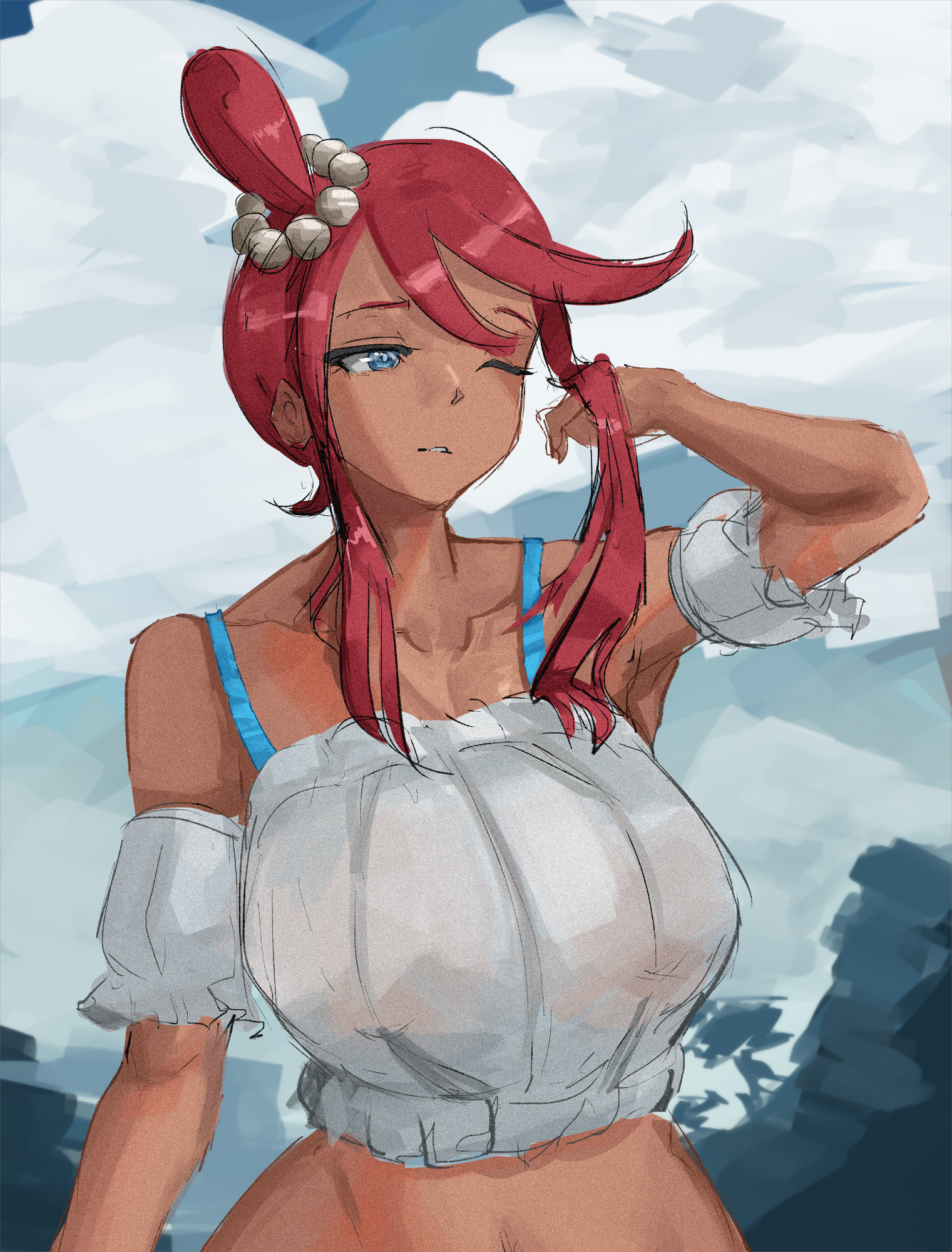 blackleo2090, skyla (pokemon), skyla (summer 2025) (pokemon), nintendo, pokemon, pokemon bw, pokemon masters ex, 1girl, bare shoulders, blue eyes, cloud, crop top, dark-skinned female, dark skin, detached sleeves, long hair, one eye closed, red hair