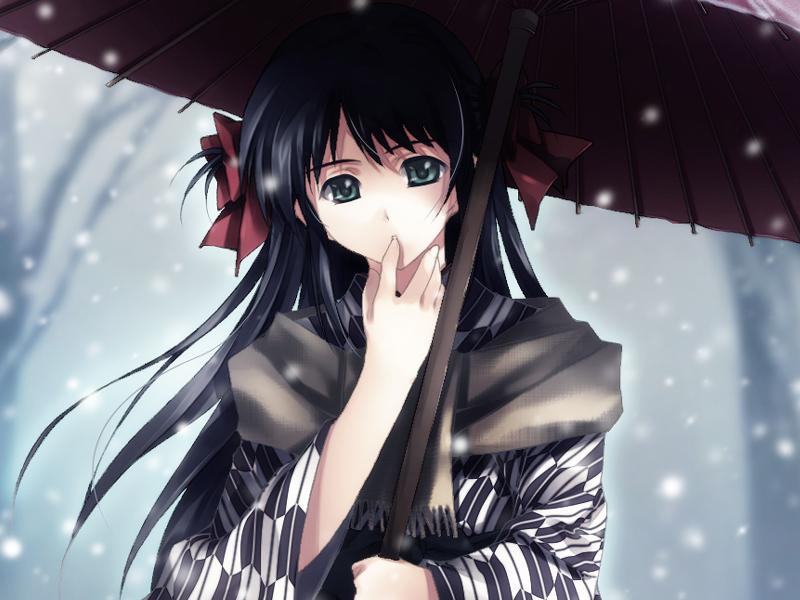 sugina miki, kouzuki kazuna, cartagra, game cg, non-web source, 1girl, black hair, female focus, green eyes, hakama, hakama skirt, japanese clothes, long hair, meiji schoolgirl uniform, oil-paper umbrella, skirt, snow, solo, umbrella, yagasuri
