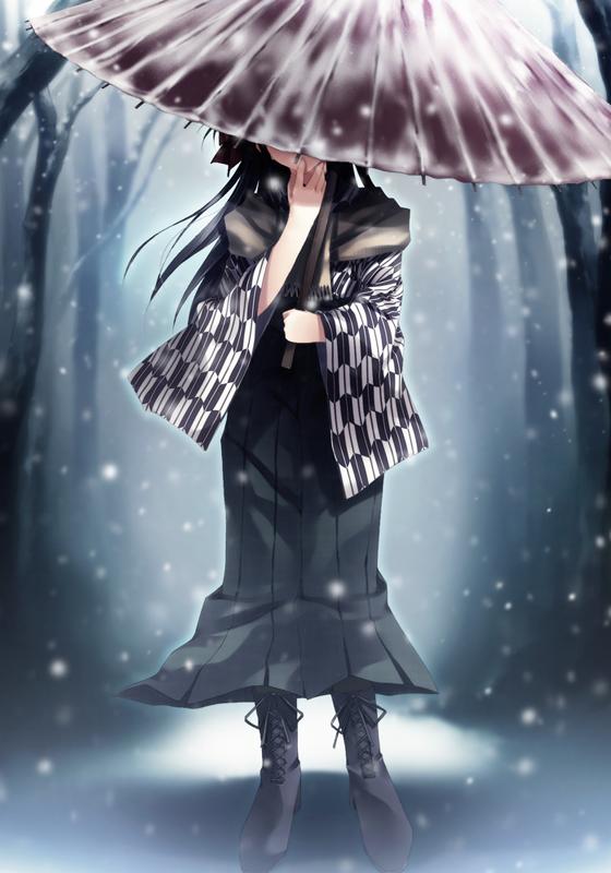 sugina miki, kouzuki kazuna, cartagra, game cg, non-web source, 1girl, black hair, boots, female focus, green eyes, hakama, hakama skirt, japanese clothes, long hair, meiji schoolgirl uniform, oil-paper umbrella, scarf, skirt, snow, solo, umbrella, yagasuri