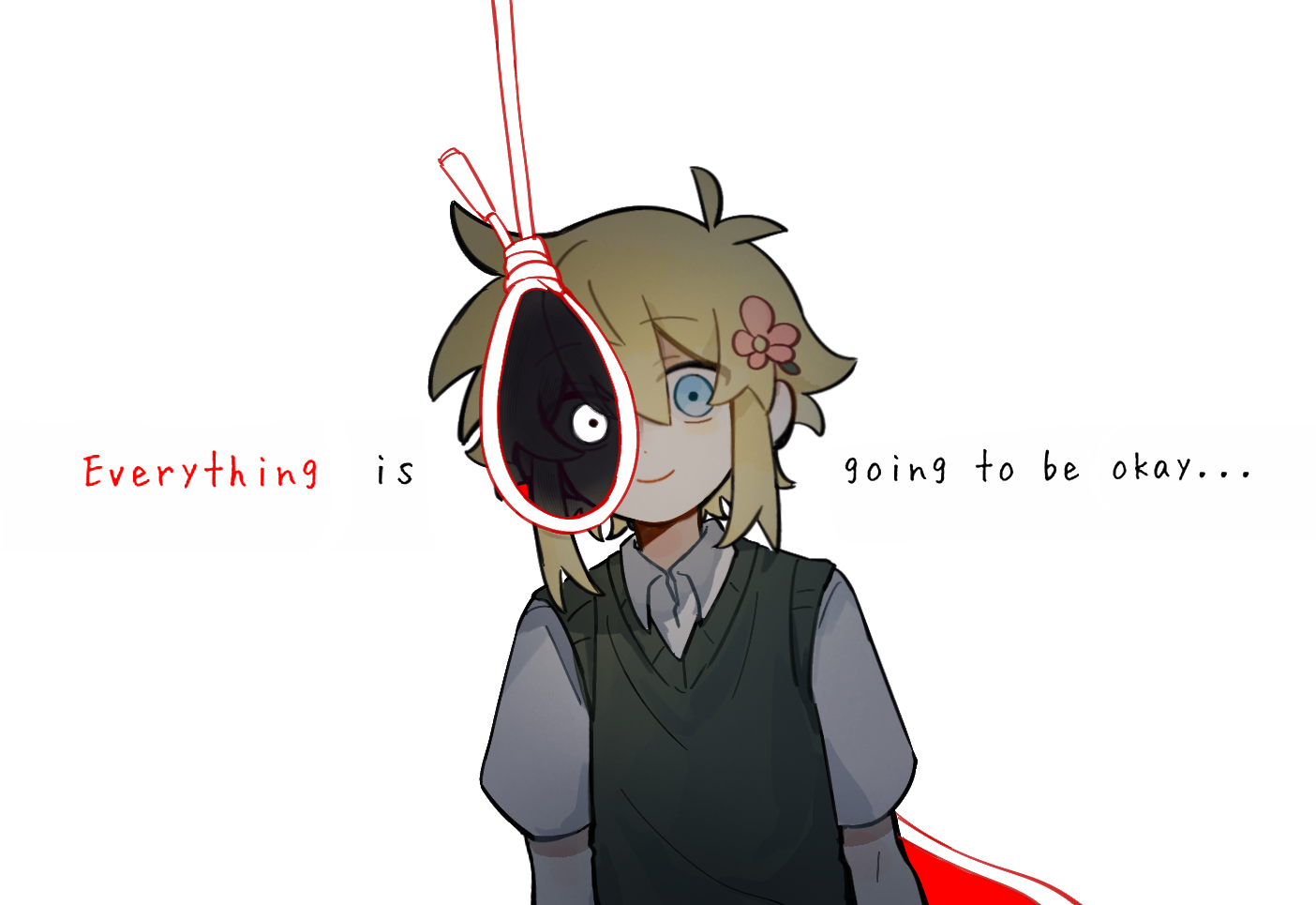 gongs0313, basil (faraway) (omori), basil (omori), stranger (omori), omori, spoilers, 1boy, antenna hair, blonde hair, blue eyes, closed mouth, collared shirt, dot nose, double-parted bangs, english text, flower, green sweater vest, green vest, hair between eyes, hair flower, hair ornament, jump rope, leaning to the side, looking at viewer, male focus, noose, pink flower, revealing layer, shirt, short hair, short hair with long locks, short sleeves, sidelocks, simple background, smile, sweater vest, upper body, v-neck, vest, white background, white shirt