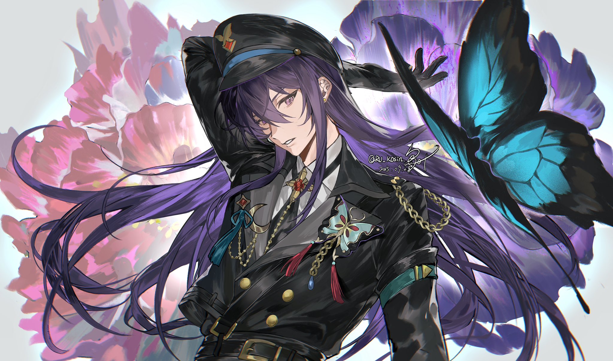ru kosin, kanzaki souma, ensemble stars!, highres, 1boy, arm up, armband, bishounen, black gloves, black jacket, black necktie, blue gemstone, bug, butterfly, butterfly brooch, buttons, chain, collared shirt, crescent, cross, dated, double-breasted, floating hair, flower, gem, gloves, gold chain, green armband, grey background, hair between eyes, hair down, hat, head tilt, insect, jacket, long hair, long sleeves, looking at viewer, male focus, military hat, military jacket, necktie, official alternate costume, open mouth, peaked cap, pink flower, purple eyes, purple flower, purple hair, red gemstone, shirt, shoulder tilt, sidelocks, signature, solo, twitter username, upper body, v-shaped eyebrows, very long hair, white shirt