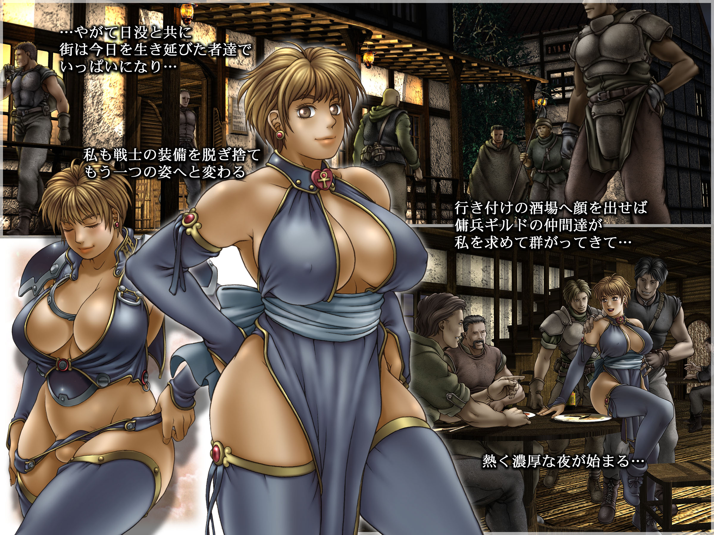 youhei kozou, phaia, spunky knight, highres, translation request, 1girl, 6+boys, ankh, bow, breasts, cleavage, closed eyes, huge breasts, japanese text, looking at viewer, multiple boys, no bra, revealing clothes, short hair, text focus, thighhighs