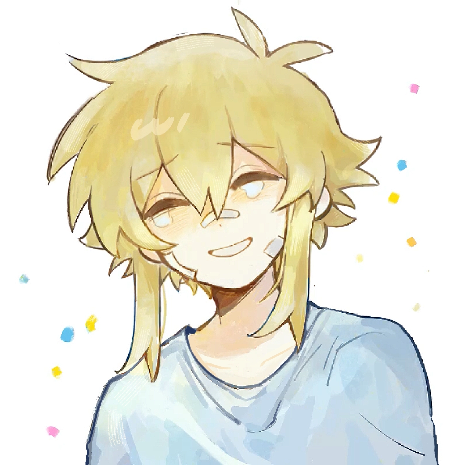 gongs0313, basil (faraway) (omori), basil (omori), omori, chinese commentary, commentary request, highres, spoilers, 1boy, :d, ^ ^, antenna hair, bandages, bandaid, bandaid on face, bandaid on nose, blonde hair, blush, closed eyes, collarbone, confetti, crying, double-parted bangs, facing viewer, grin, hair between eyes, male focus, open mouth, short hair, sidelocks, simple background, smile, solo, white background