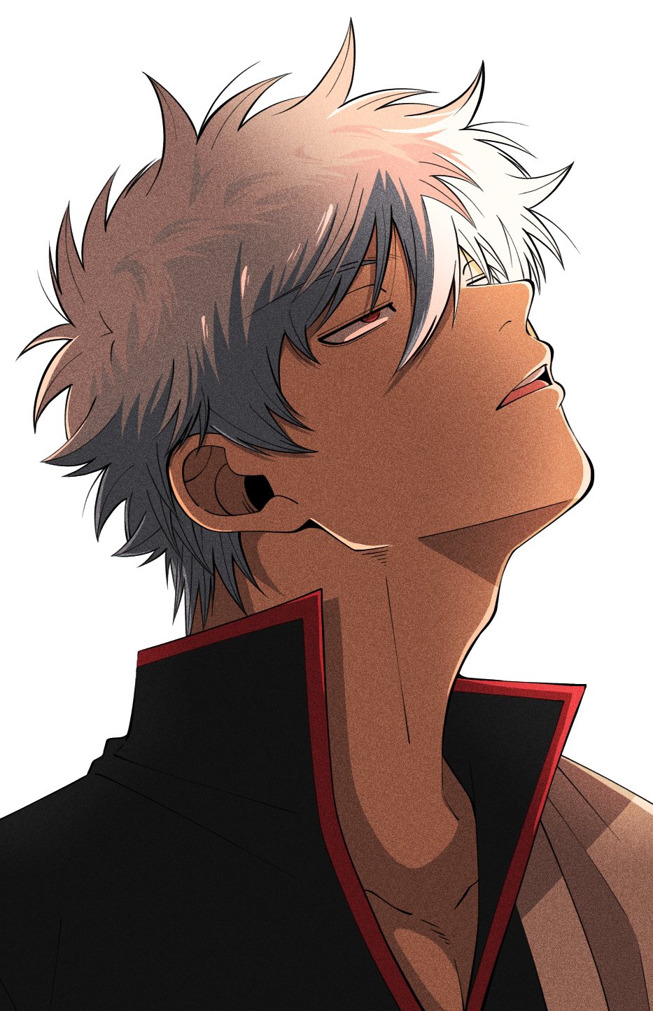 sakata gintoki, gintama, facing up, highres, 1boy, adam's apple, black shirt, collarbone, grey hair, hadanugi dousa, hair between eyes, half-closed eyes, japanese clothes, kimono, looking up, male focus, messy hair, open kimono, open mouth, parted lips, pectoral cleavage, pectorals, popped collar, portrait, red eyes, shirt, short hair, solo, teeth, upper teeth only, white background, white kimono, yubi nui21