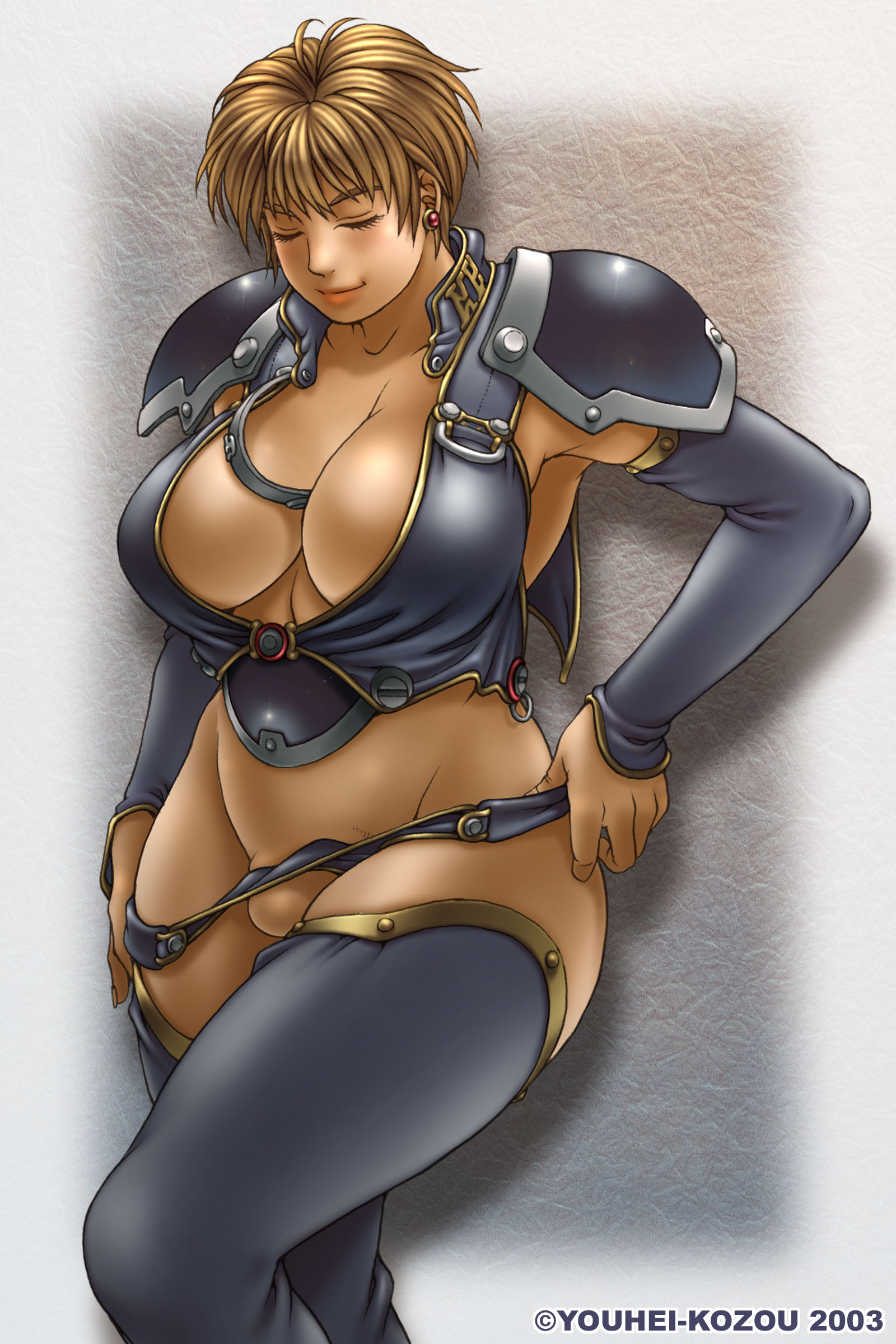 youhei kozou, phaia, spunky knight, absurdres, highres, 1girl, breasts, closed eyes, female focus, large breasts, short hair, solo, thighhighs