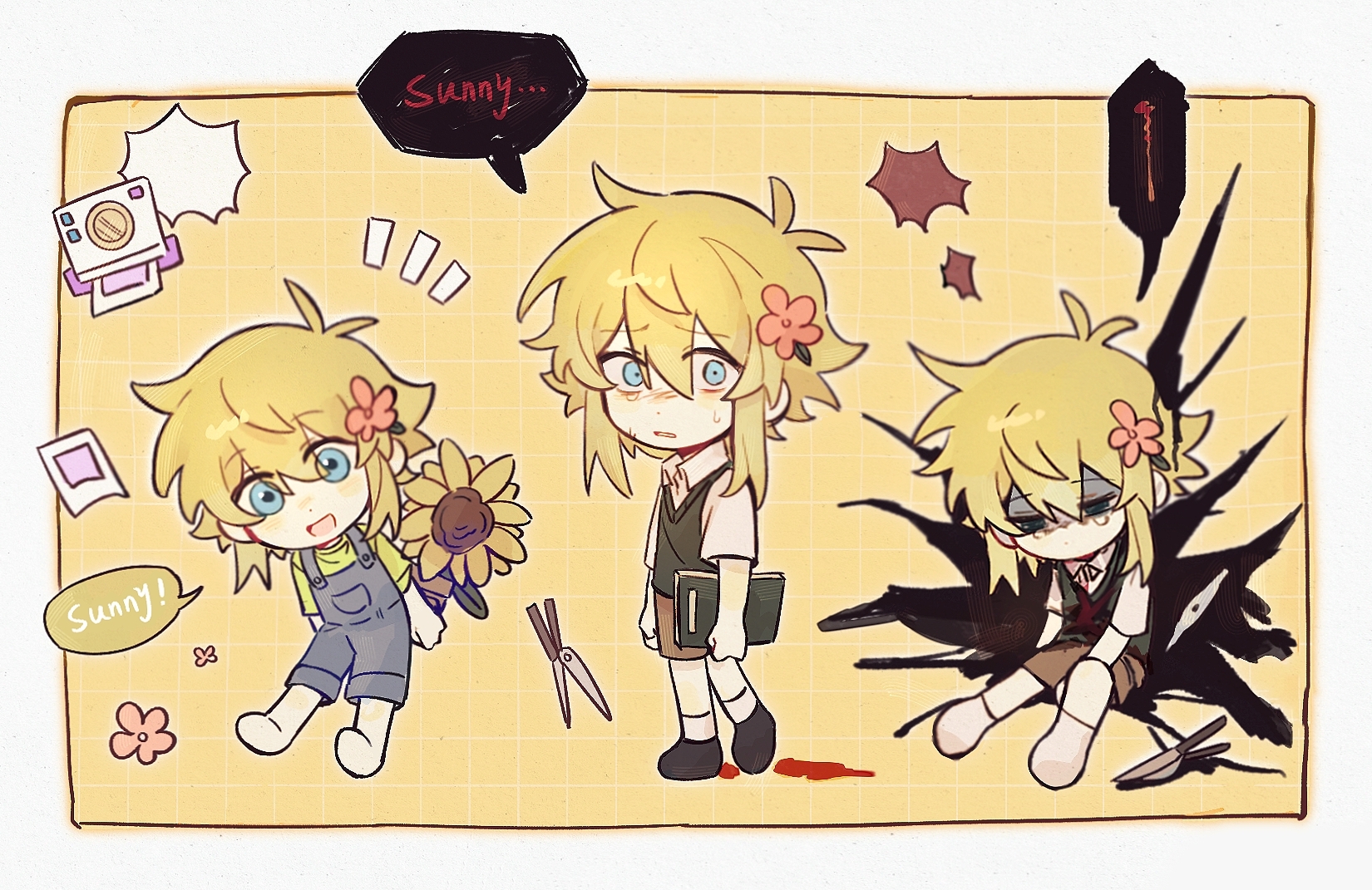 gongs0313, basil (faraway) (omori), basil (omori), something (omori), omori, highres, spoilers, 1boy, antenna hair, black shoes, blonde hair, blood, blue eyes, blue overalls, brown shorts, camera, chibi, collared shirt, double-parted bangs, flower, green shirt, green sweater vest, hair between eyes, hair flower, hair ornament, looking at viewer, male focus, open mouth, overalls, parted lips, photo (object), plant, potted plant, scrapbook, shirt, shoes, short hair, short sleeves, shorts, simple background, solo, speech bubble, suicide, sunflower, sweater vest