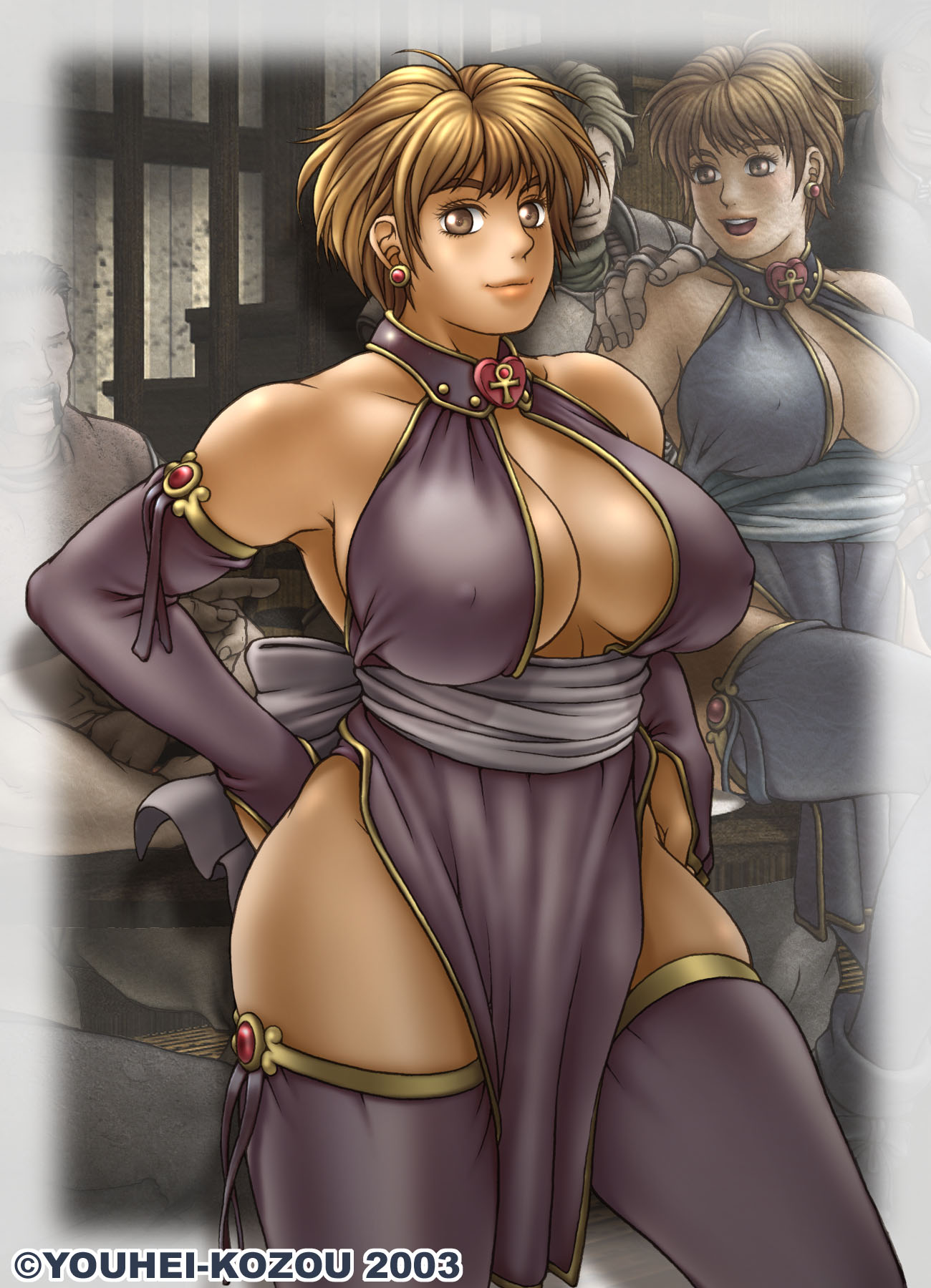 youhei kozou, phaia, spunky knight, highres, 00s, 1girl, 2003, 3boys, artist name, breasts, cleavage cutout, closed eyes, clothing cutout, halterneck, hand on own hip, large breasts, looking at viewer, multiple boys, no bra, revealing clothes, short hair, thighhighs
