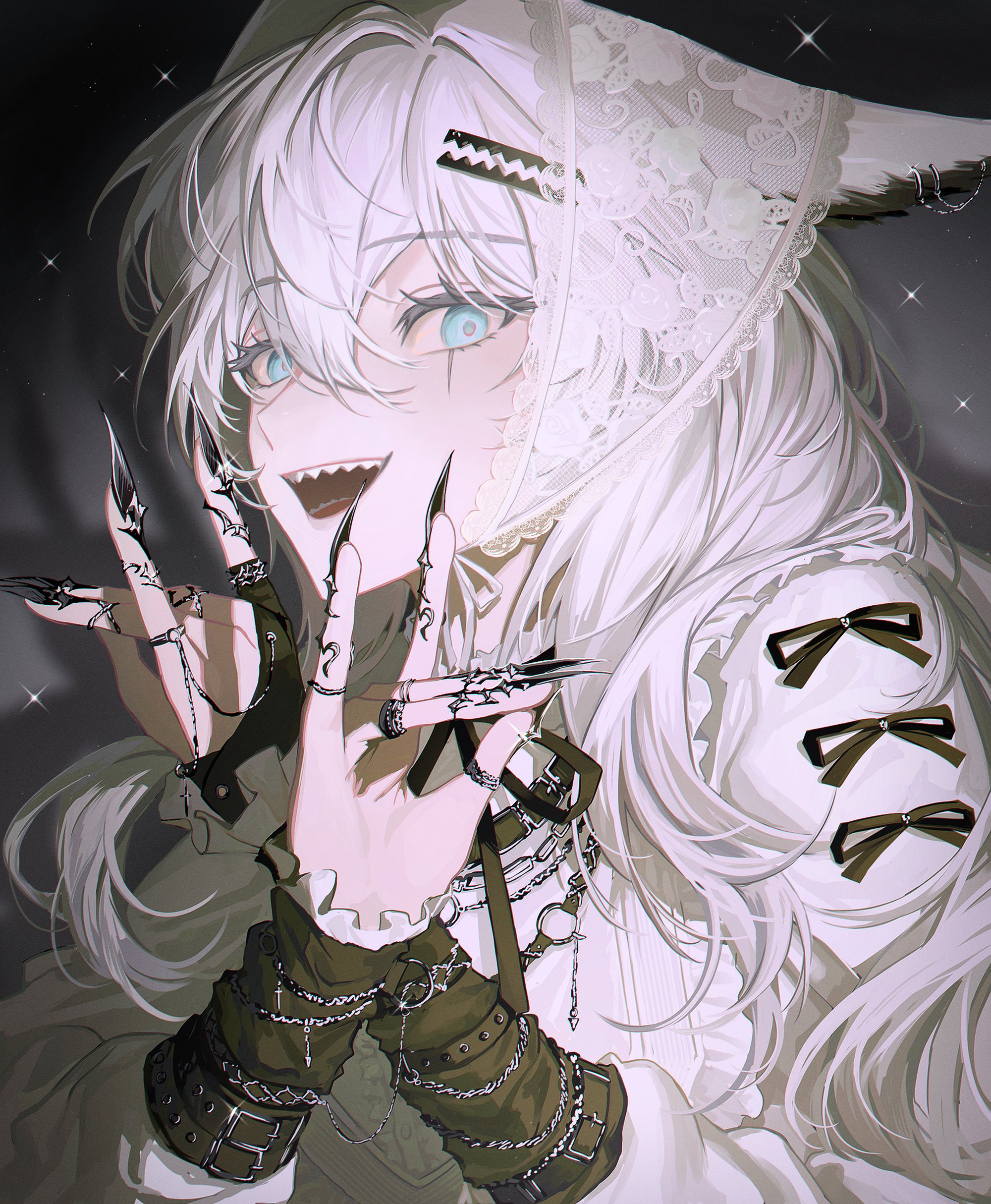 gae tteok00, lappland (arknights), arknights, absurdres, highres, revision, 1girl, :d, animal ear piercing, animal ears, black nails, black sleeve cuffs, blue eyes, bow, chain, chain necklace, cross, double fox shadow puppet, dress, dress bow, fake nails, fingerless gloves, fox shadow puppet, frilled cuffs, frilled dress, frills, gloves, grey background, hair between eyes, hair ornament, hairclip, headdress, jewelry, lace, latin cross, long hair, looking at viewer, multiple rings, necklace, open mouth, ring, scar, scar across eye, scar on face, sharp teeth, single glove, smile, solo, teeth, upper body, white dress, white hair, wolf ears, wolf girl