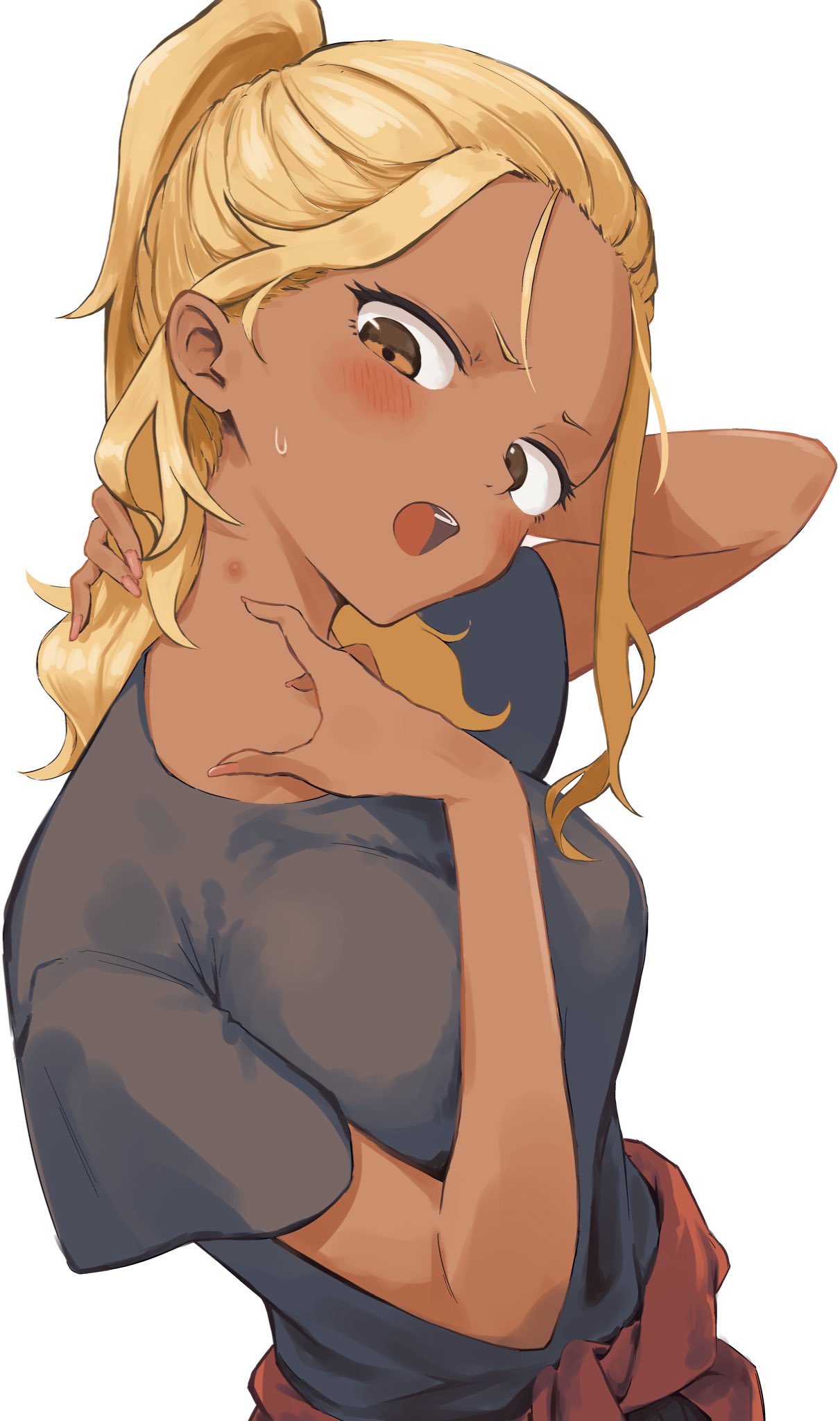 ichinose karina, manemane nichinichi, commentary request, highres, 1girl, black shirt, blonde hair, blush, breasts, brown eyes, bug bite, clothes around waist, dark-skinned female, dark skin, gyaru, jacket, jacket around waist, long hair, looking at viewer, medium breasts, mocha kichi, open mouth, ponytail, red jacket, shirt, simple background, small sweatdrop, solo, teeth, upper body, upper teeth only, white background