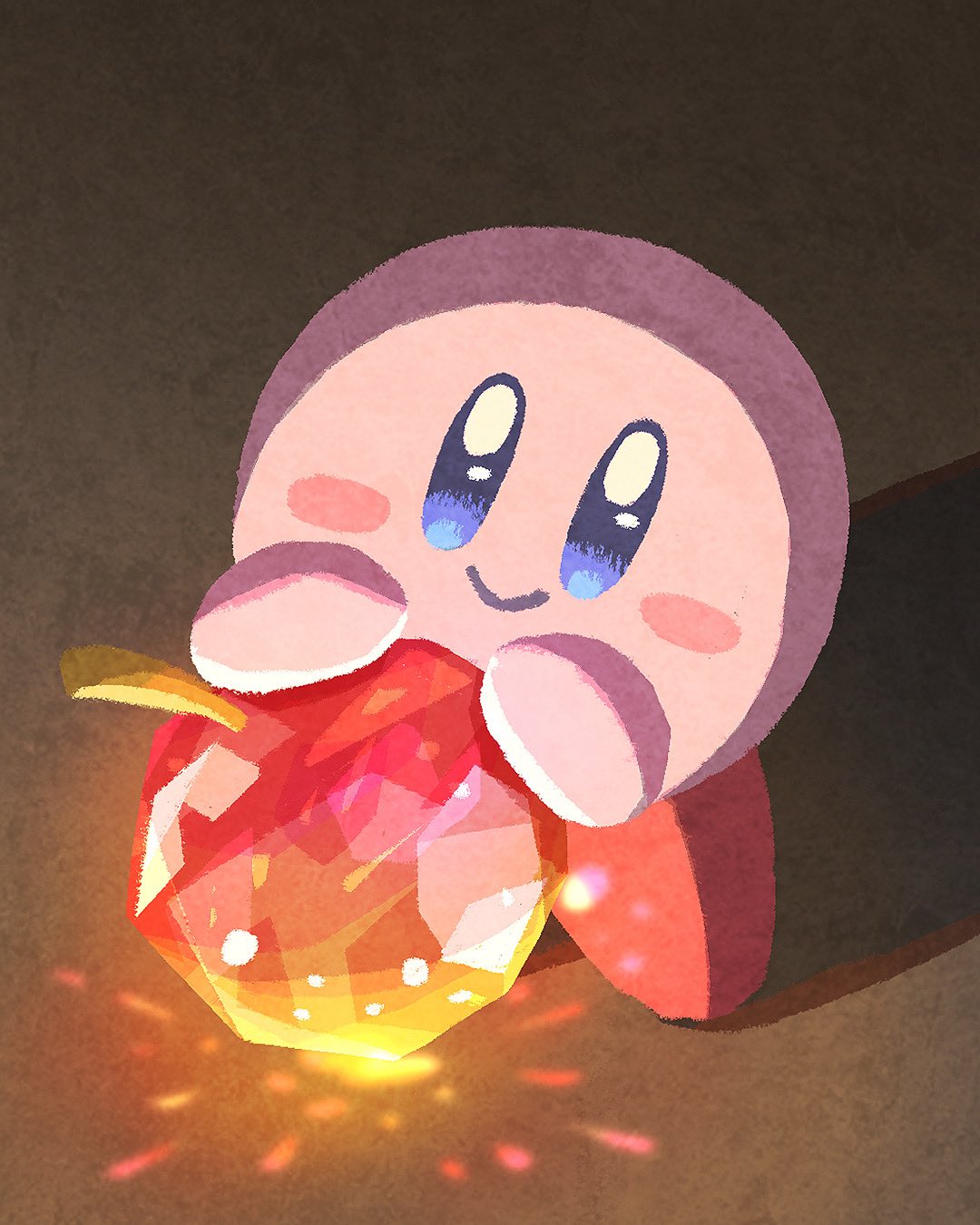 miclot, kirby, kirby (series), nintendo, commentary, highres, apple, blue eyes, blush, brown background, closed mouth, food, fruit, looking at viewer, no humans, smile, solo