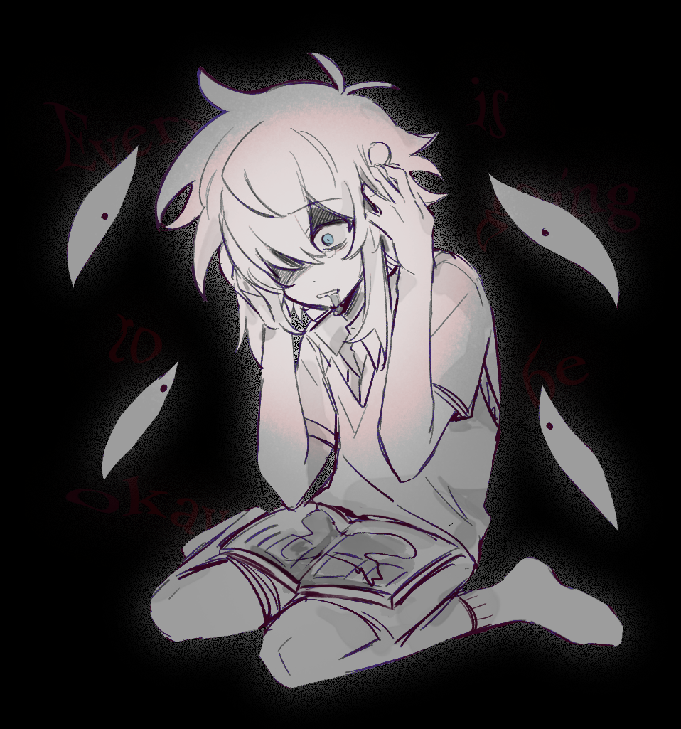 gongs0313, basil (faraway) (omori), basil (omori), something (omori), omori, chinese commentary, commentary request, spoilers, 1boy, antenna hair, blue eyes, book, collared shirt, flower, full body, hair flower, hair ornament, male focus, parted lips, partially colored, seiza, shaded face, shirt, short hair, short sleeves, simple background, sitting, sketch, socks, solo, sweater vest, wariza