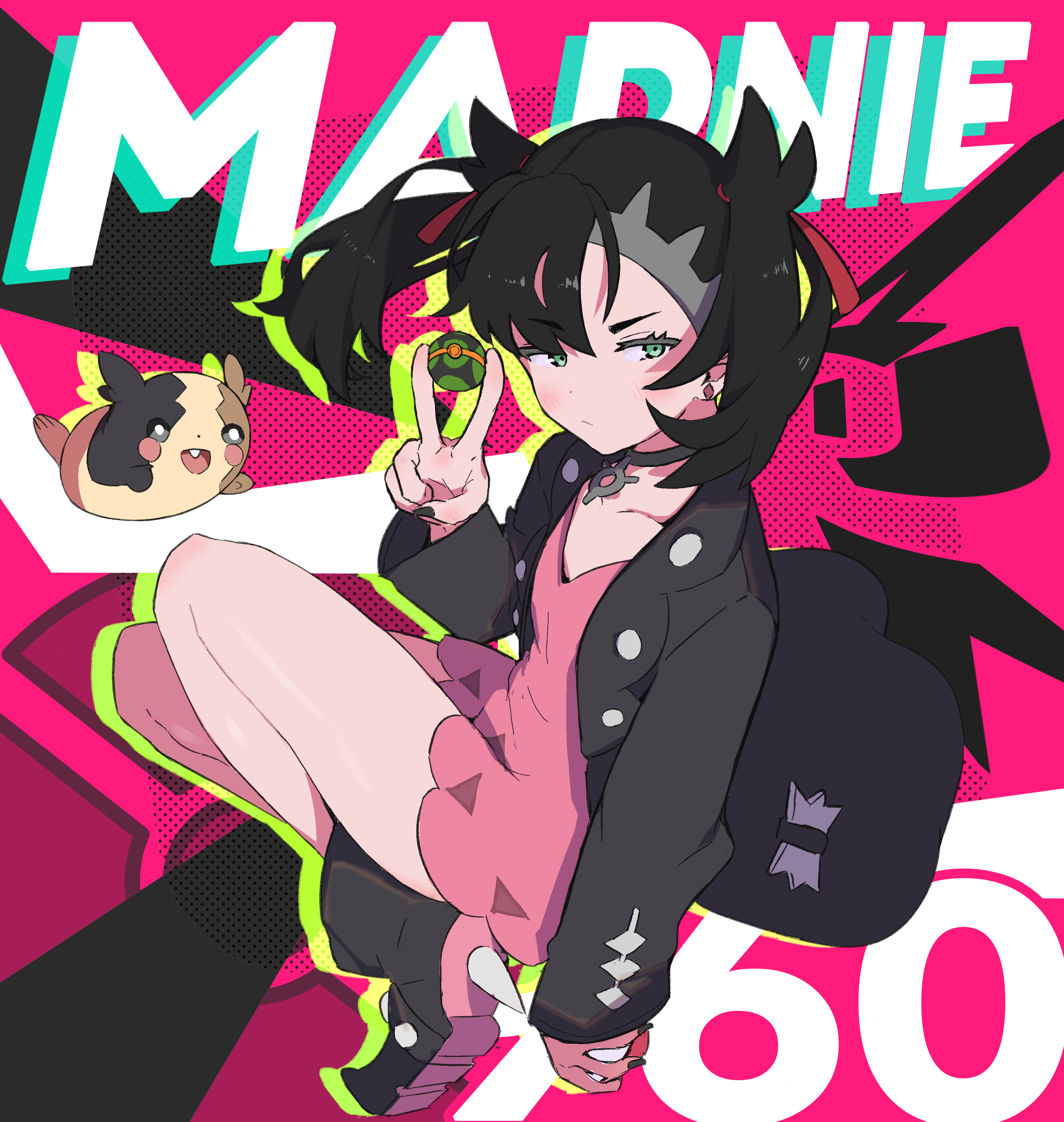 marnie (pokemon), morpeko, morpeko (full), nintendo, pokemon, pokemon swsh, absurdres, highres, 1girl, asymmetrical bangs, bare legs, between fingers, black boots, black choker, black hair, black jacket, black nails, boots, character name, choker, closed mouth, collarbone, dusk ball, earrings, floating hair, full body, gen 8 pokemon, green eyes, hair ribbon, holding, holding poke ball, jacket, jewelry, looking at viewer, poke ball, pokemon (creature), purple background, red ribbon, ribbon, smugware, squatting, stud earrings, thighs, twintails, undercut, v