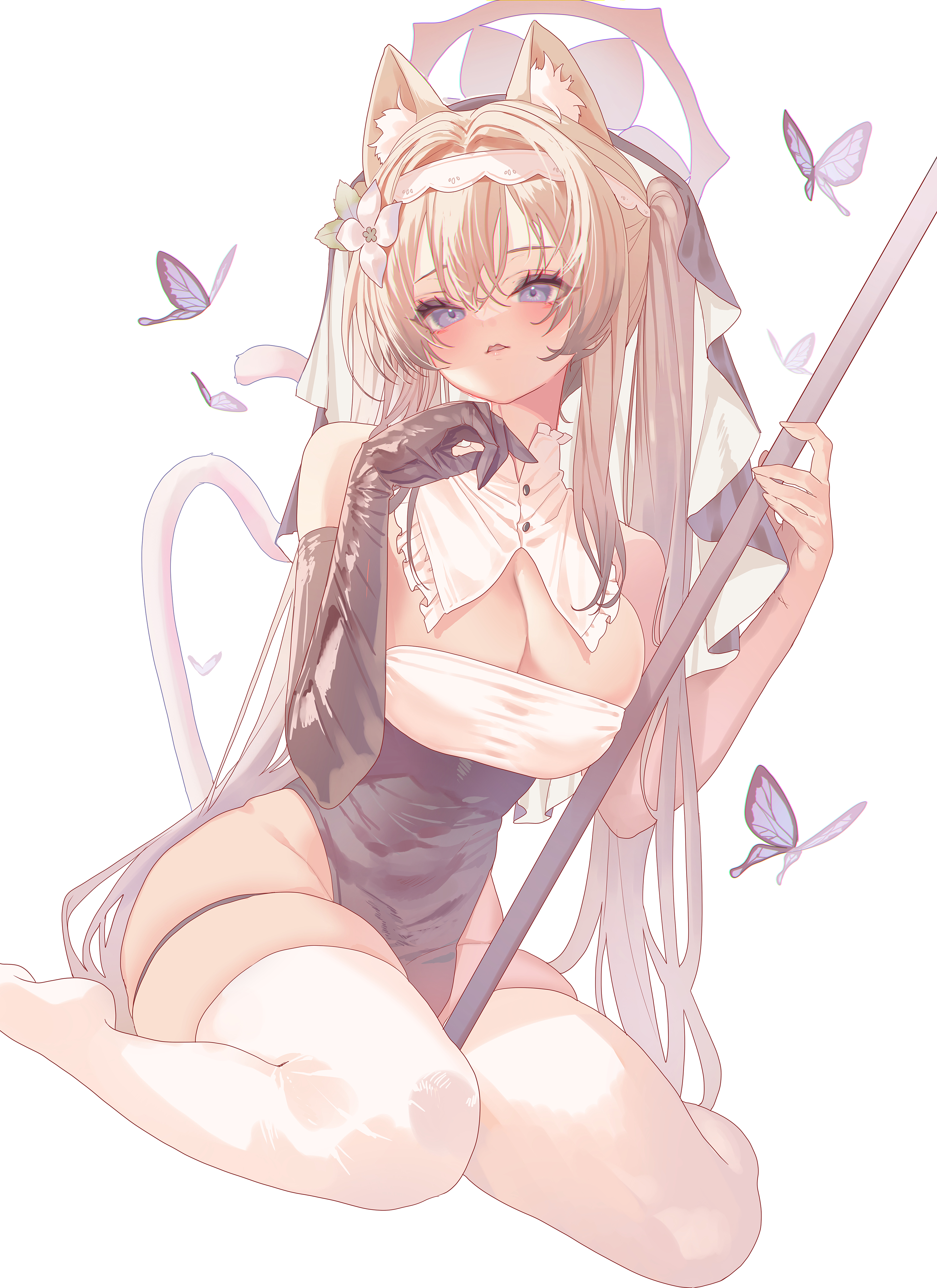 torano, mari (blue archive), blue archive, absurdres, highres, 1girl, alternate breast size (larger), alternate costume, alternate hairstyle, animal ear fluff, animal ears, bare shoulders, black veil, blue eyes, breasts, bug, butterfly, cat ears, cleavage, detached collar, elbow gloves, flower, full body, gloves, hairband, halo, insect, long hair, looking at viewer, no shoes, orange hair, pelvic curtain, single glove, sitting, solo, thigh strap, thighhighs, twintails, veil, wariza, white background, white flower, white hairband, white thighhighs, yellow halo