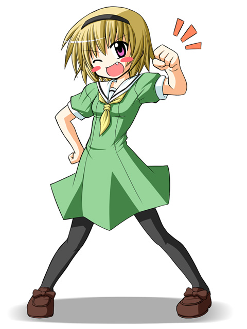 kashii yutaka, houjou satoko, higurashi no naku koro ni, bad id, bad pixiv id, 00s, blonde hair, blush, dress, fang, hairband, headband, pantyhose, purple eyes, sailor dress, short hair, smile, solo