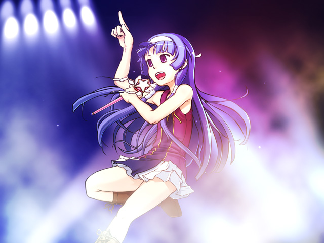 caryo, takeda yukimura, nagi, kannagi, 00s, 1girl, bare shoulders, blunt bangs, blurry, boots, brown boots, female focus, index finger raised, knee boots, leg up, long hair, miniskirt, pleated skirt, skirt, solo, stage lights, standing, standing on one leg, star (symbol), very long hair, wand, white skirt