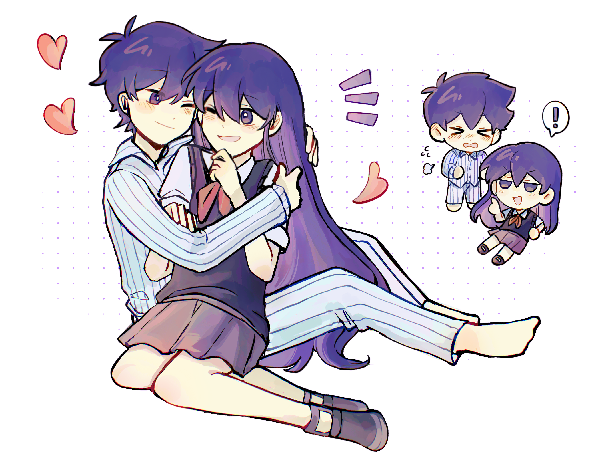 gongs0313, hero (headspace) (omori), hero (omori), mari (headspace) (omori), mari (omori), omori, highres, !, > <, 1boy, 1girl, antenna hair, black sweater vest, blush, bright pupils, closed eyes, closed mouth, collared shirt, double-parted bangs, hair between eyes, heart, hug, long hair, long sleeves, looking at another, neckerchief, one eye closed, open mouth, pajamas, pleated skirt, purple eyes, purple hair, red neckerchief, red skirt, shirt, short hair, short sleeves, simple background, skirt, spoken exclamation mark, sweater vest, white pupils, white shirt