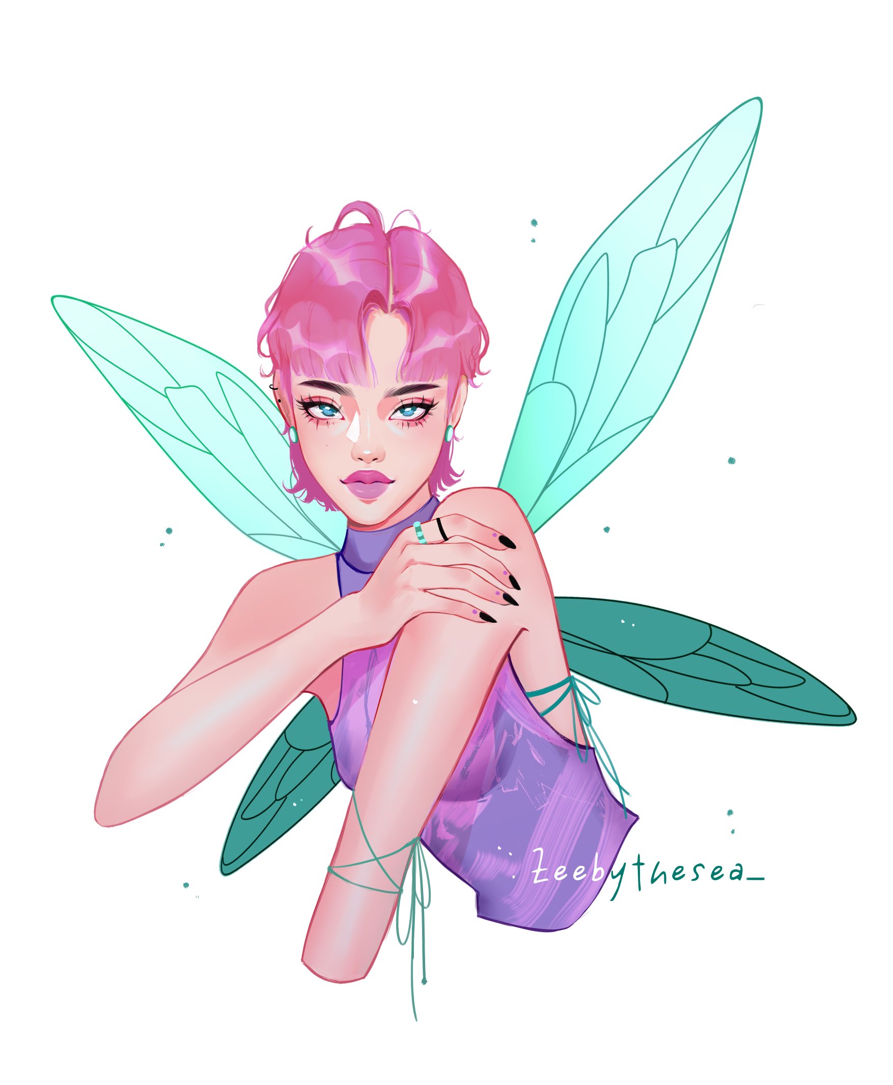 zeebythesea, tecna (winx club), winx club, highres, 1girl, aqua eyes, aqua wings, black nails, closed mouth, cropped torso, ear piercing, earrings, eyelashes, fairy wings, fingernails, hand on own shoulder, jewelry, light particles, long fingernails, looking at viewer, multiple rings, parted bangs, piercing, pink hair, pixie cut, purple shirt, redesign, ring, shirt, short hair, sleeveless, sleeveless turtleneck, stud earrings, thick eyebrows, thick lips, turtleneck, upper body, wings