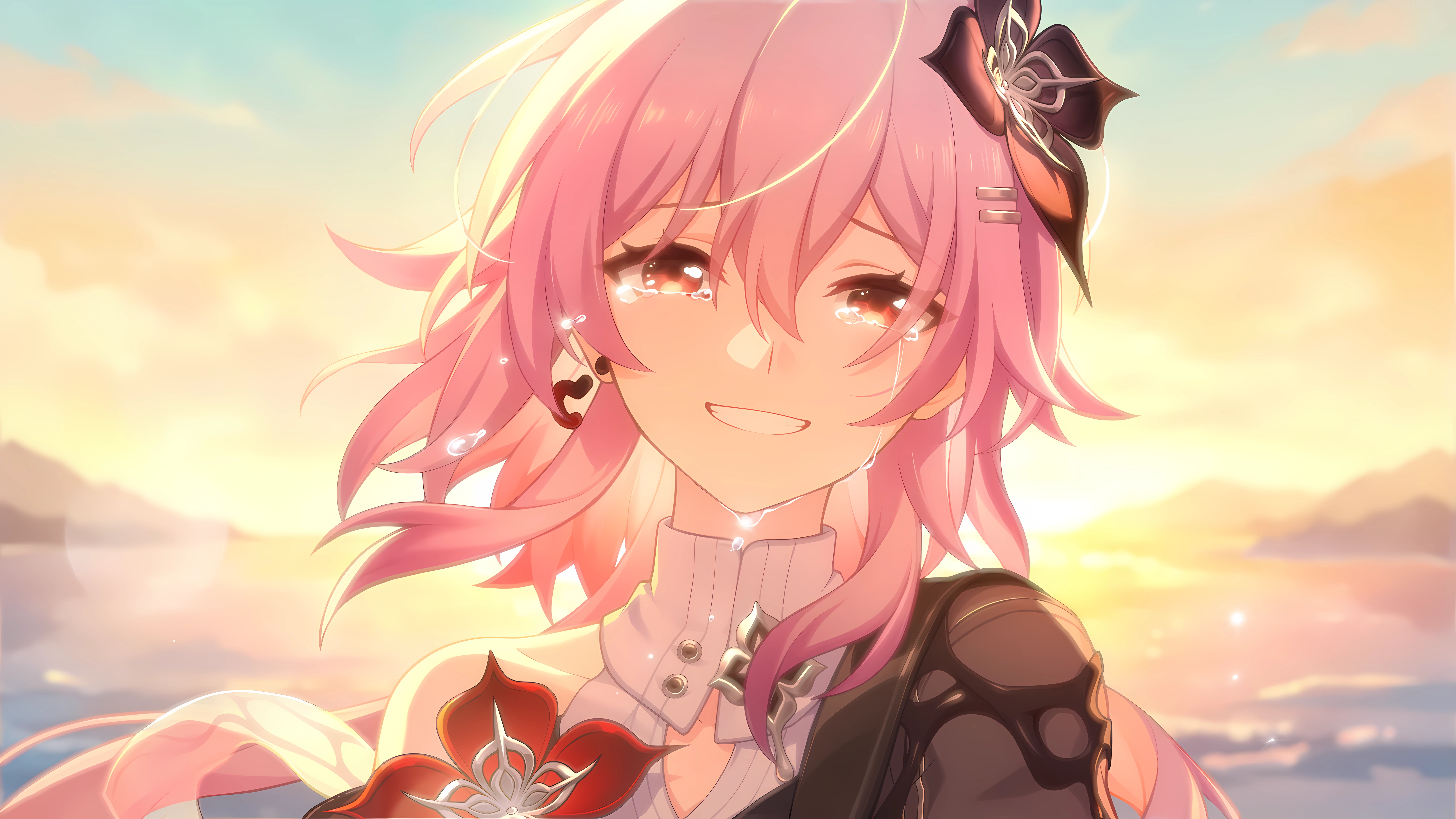 evernight (honkai: star rail), march 7th (honkai: star rail), honkai: star rail, honkai (series), absurdres, bad link, game cg, highres, official art, 1girl, backlighting, black flower, black jacket, center opening, cloud, cloudy sky, crying, dress, earrings, flower, grin, hair flower, hair ornament, hairclip, jacket, jewelry, long hair, looking at viewer, parallel hairclips, pink hair, red eyes, red flower, single bare shoulder, single earring, sky, smile, solo, streaming tears, sunset, tears, white dress