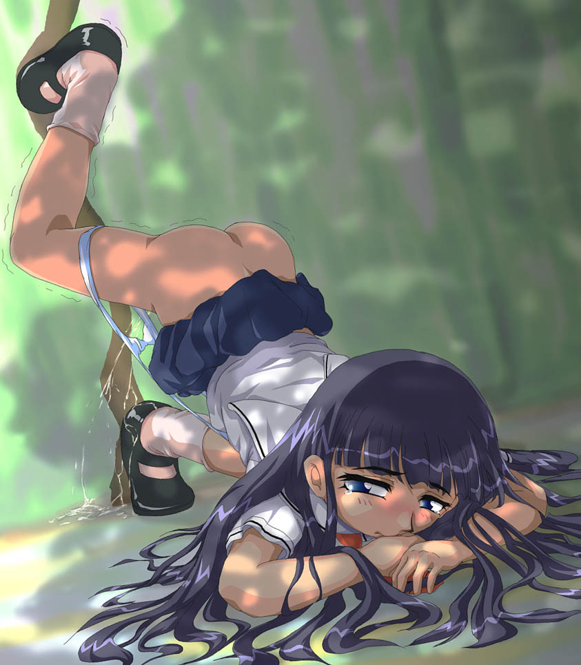daidouji tomoyo, cardcaptor sakura, 1990s (style), 1girl, ass, black eyes, black hair, blush, clothes lift, cum, dappled sunlight, female focus, hairband, loli, long hair, panties, panty pull, pee, peeing, retro artstyle, school uniform, serafuku, skirt, skirt lift, socks, solo, sunlight, tomoeda middle school uniform, trembling, uncensored, underwear, white panties