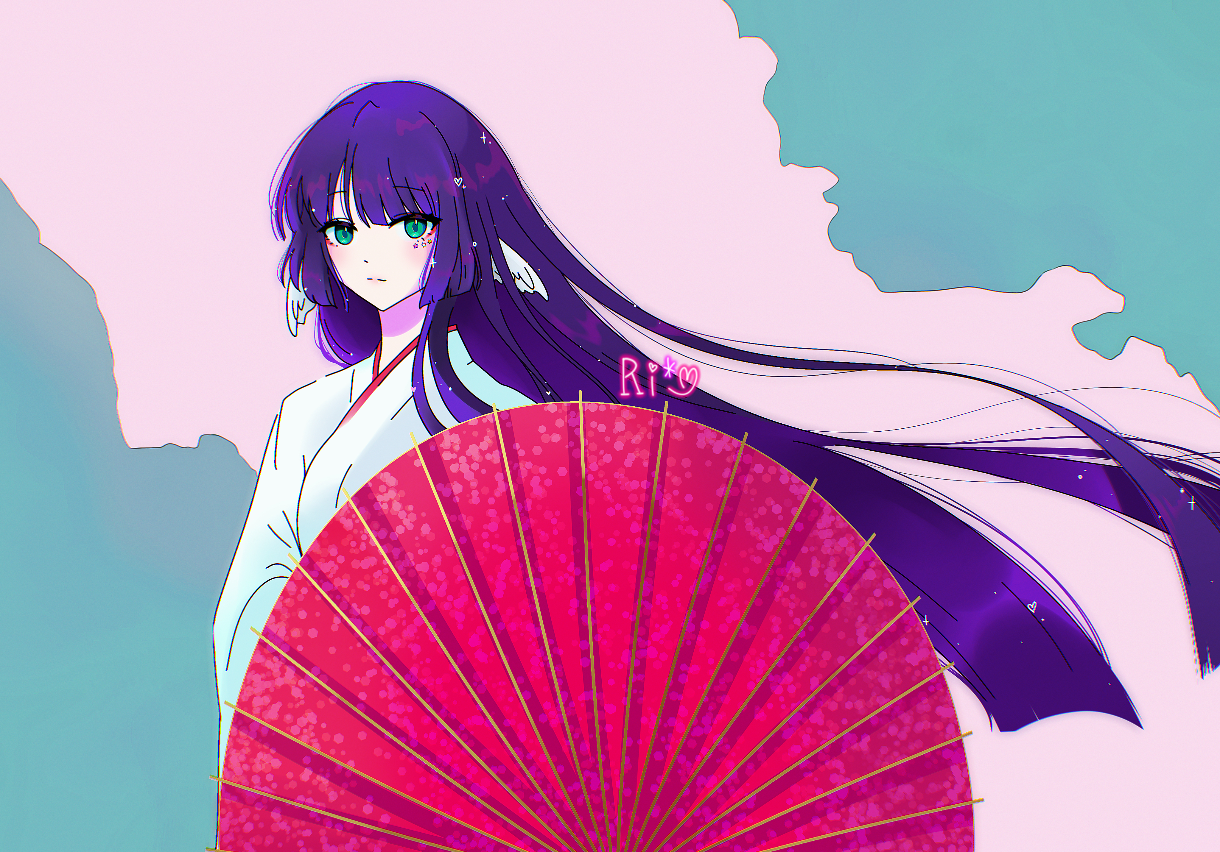 acheron (honkai: star rail), acheron (izumo) (honkai: star rail), robin (honkai: star rail), honkai: star rail, honkai (series), absurdres, highres, 1girl, eyeliner, green eyes, head wings, japanese clothes, jewel under eye, kimono, long hair, looking at viewer, makeup, oil-paper umbrella, purple hair, red eyeliner, simple background, sparkle, umbrella, user xuhn8253, very long hair, white kimono, wings
