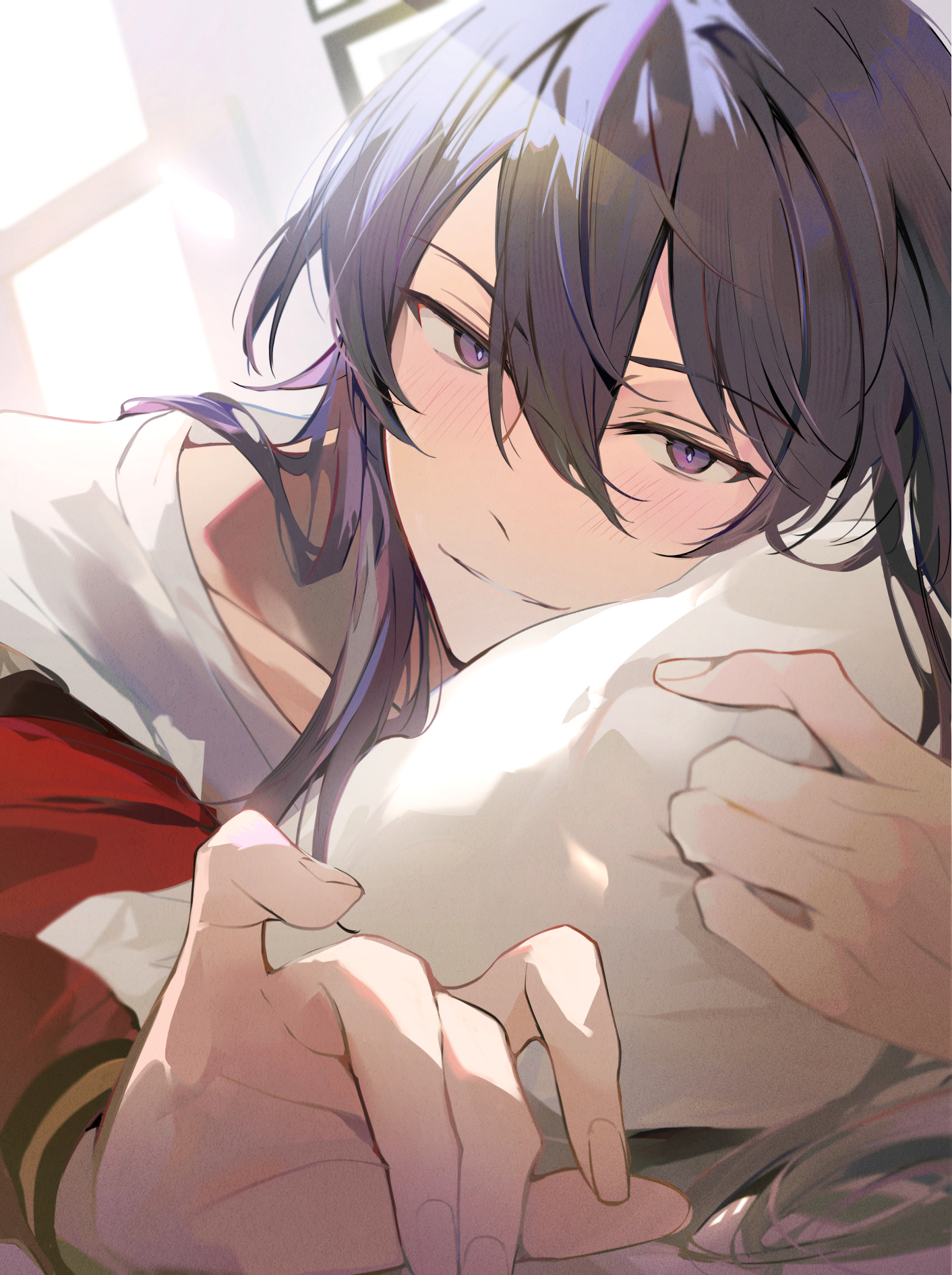 kaoso, kanzaki souma, ensemble stars!, highres, 1boy, blush, collarbone, day, foreshortening, hair between eyes, hair down, head on pillow, holding, holding pillow, indoors, jacket, light rays, long hair, long sleeves, looking at viewer, lying, male focus, messy hair, on bed, on stomach, pillow, pinky out, ponytail, pov, pov across bed, purple eyes, purple hair, reaching, reaching towards viewer, red jacket, shirt, sidelocks, smile, solo, white shirt, window