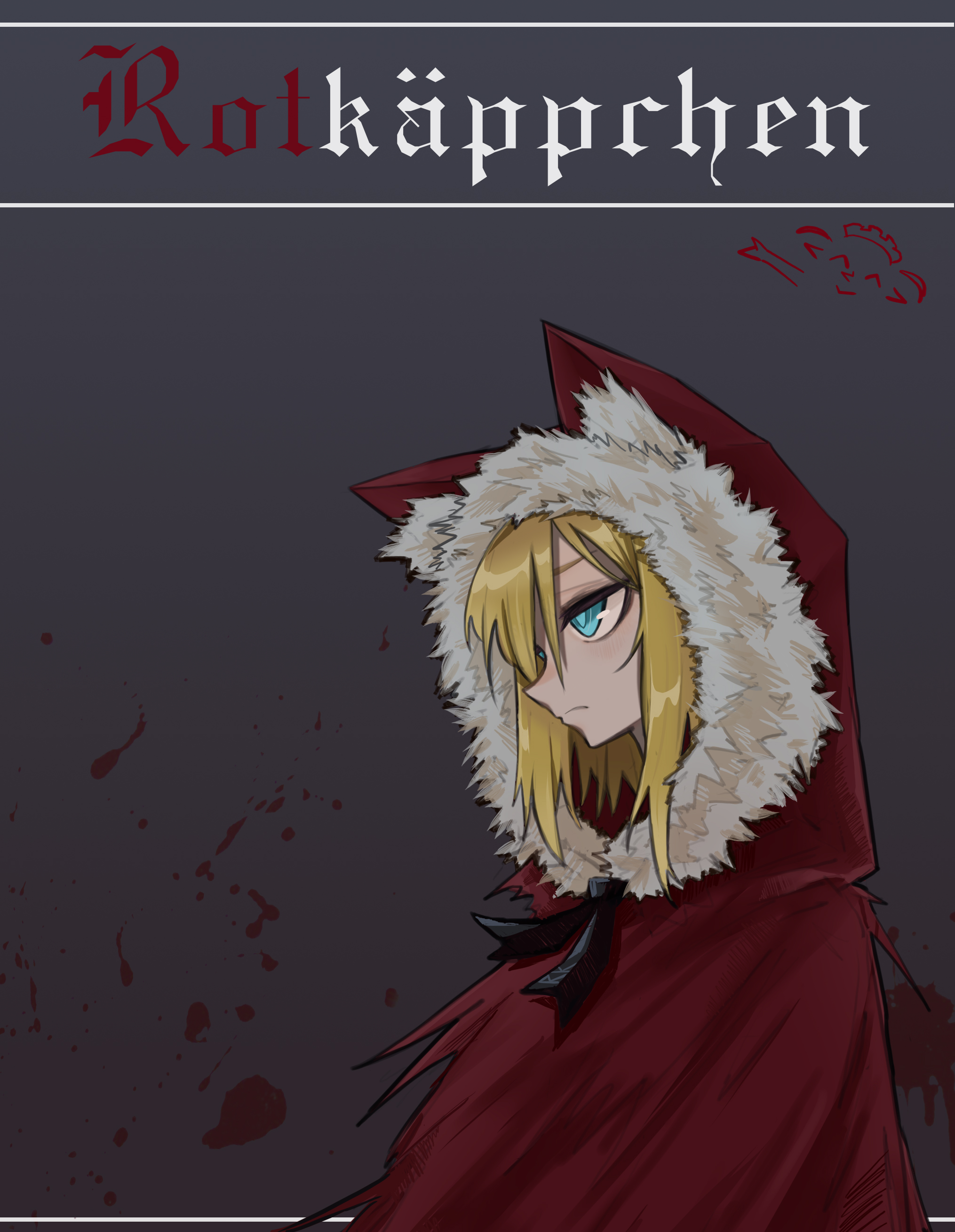 rabbit king, red hood (black souls), black souls, absurdres, highres, 1girl, animal ears, blood, blood splatter, cloak, expressionless, fur-trimmed hood, fur trim, german text, hood, hooded cloak, profile, red hood, solo, upper body, wolf ears