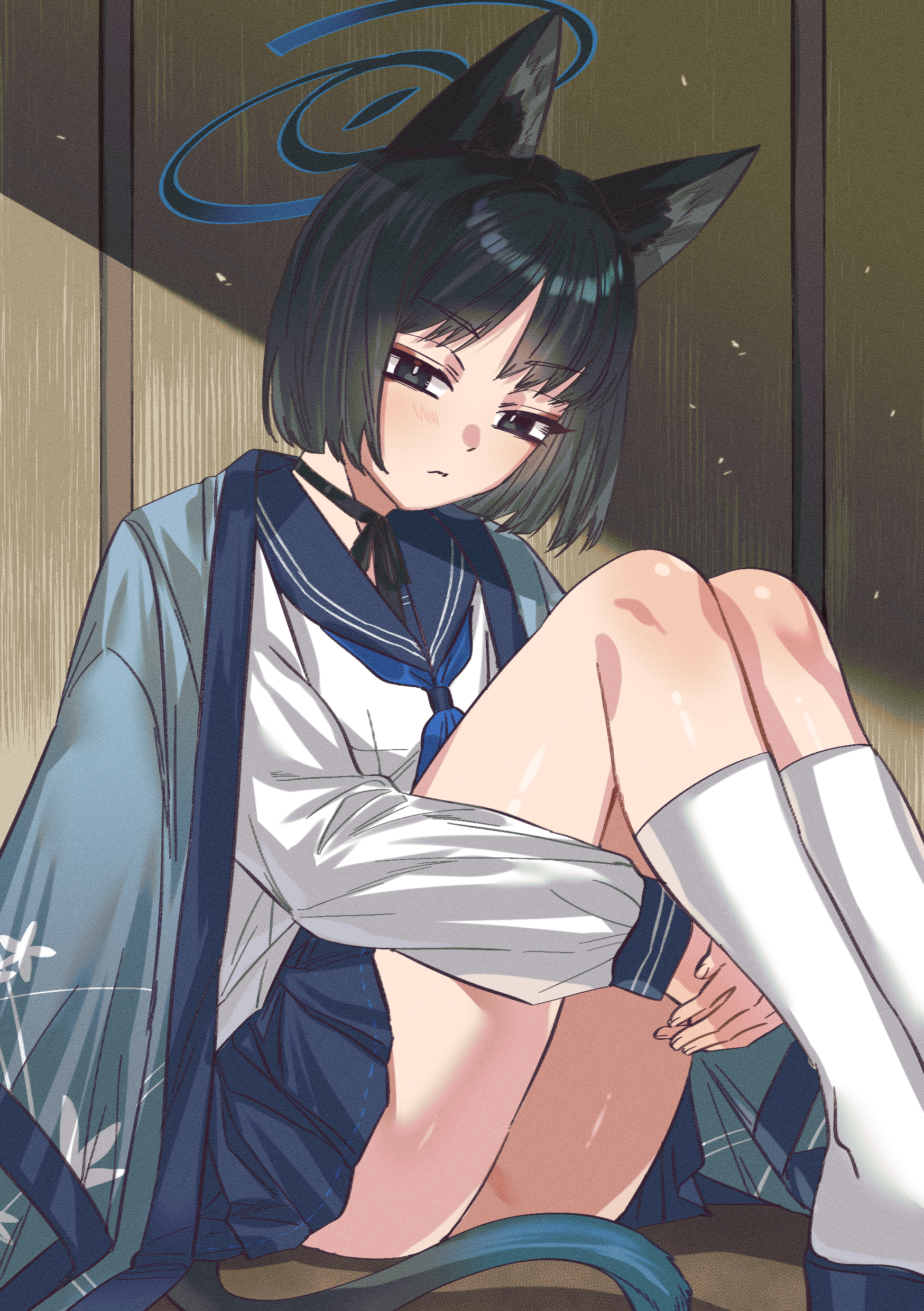 kikyou (blue archive), blue archive, absurdres, highres, 1girl, animal ears, black eyes, black hair, blue halo, blue haori, blue neckerchief, blue sailor collar, blue skirt, bob cut, cat ears, cat tail, choker, gradient tail, halo, haori, japanese clothes, long sleeves, looking at viewer, namaniku (user nxxf7457), neckerchief, ribbon choker, sailor collar, school uniform, shirt, short hair, skirt, socks, solo, tail, thighs, white shirt, white socks