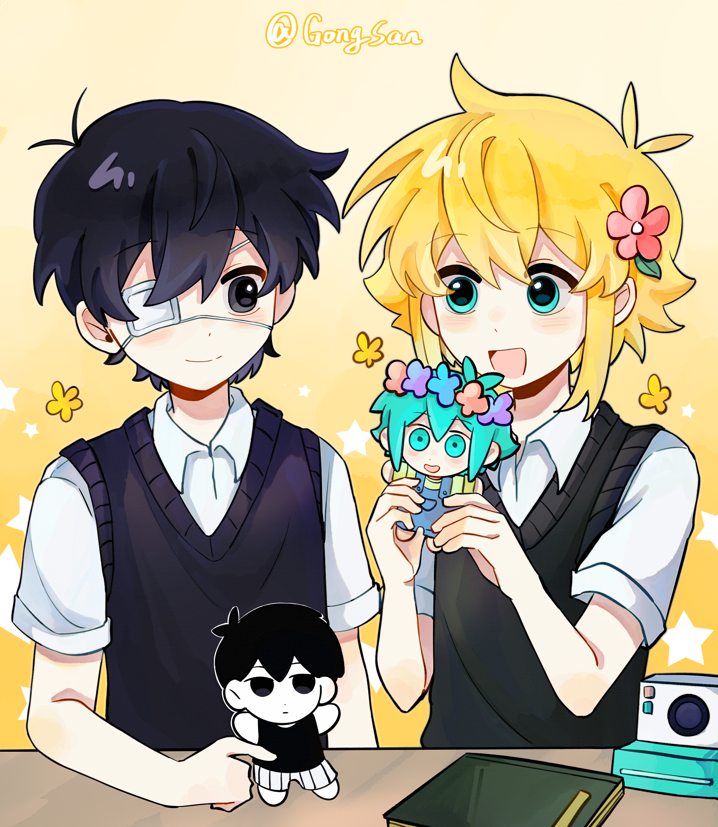 gongs0313, basil (faraway) (omori), basil (headspace) (omori), basil (omori), omori (omori), sunny (omori), omori, absurdres, highres, spoilers, 2boys, :d, antenna hair, aqua eyes, artist name, bare arms, black eyes, black hair, black sweater vest, blonde hair, blush, book, camera, closed mouth, collared shirt, doll, double-parted bangs, elbow on table, eye contact, eyepatch, flower, hair behind ear, hair between eyes, hair flower, hair ornament, hands up, holding, holding doll, leaf, looking at another, male focus, multiple boys, one eye covered, open mouth, pink flower, shirt, short hair, short sleeves, sidelocks, simple background, smile, star (symbol), star symbol background, sweater vest, table, tongue, upper body, very short hair, white shirt, yellow background, yellow flower