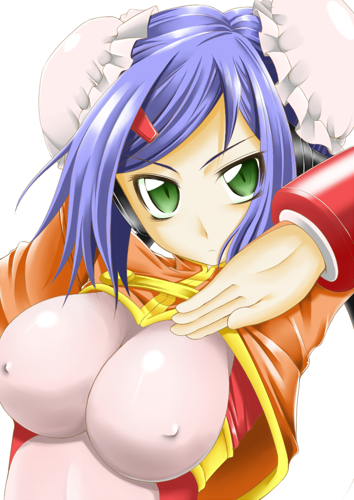 sakula, mei-fang, aq interactive, arcana heart, atlus, examu, 1girl, blue hair, breasts, bun cover, covered erect nipples, double bun, female focus, green eyes, hair bun, large breasts, orange shrug, short hair, shrug (clothing), solo