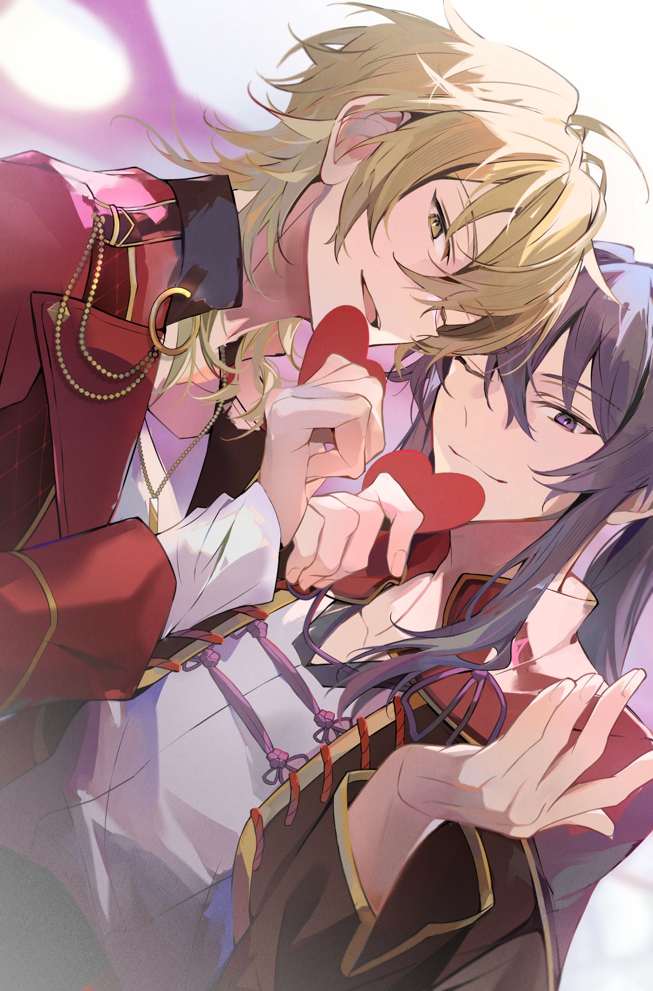 kaoso, hakaze kaoru, kanzaki souma, ensemble stars!, highres, 2boys, ahoge, beckoning, blonde hair, collarbone, collared jacket, cropped jacket, dutch angle, from below, gold necklace, hair between eyes, hand up, heart, holding, holding heart, idol, jacket, jewelry, long hair, long sleeves, looking at viewer, male focus, multiple boys, necklace, one eye closed, open mouth, pankou, ponytail, purple eyes, purple hair, red jacket, shirt, sidelocks, smile, valentine, white background, white shirt, wolf cut, yellow eyes