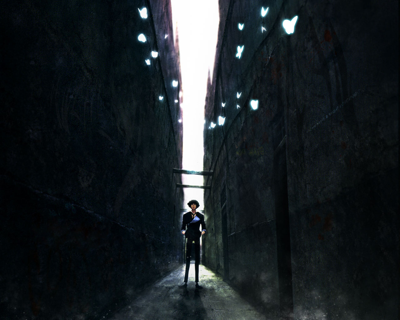 spike spiegel, cowboy bebop, artist request, 1990s (style), 1boy, alley, bug, butterfly, dark, hand in pocket, insect, male focus, outdoors, retro artstyle, solo, standing